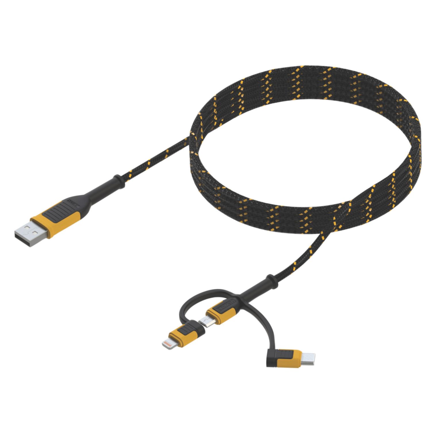DEWALT USB-A to Micro USB-B / Lightning / USB-C Reinforced Braided 3-in-1 Combo Cable 1.8m (854AV)