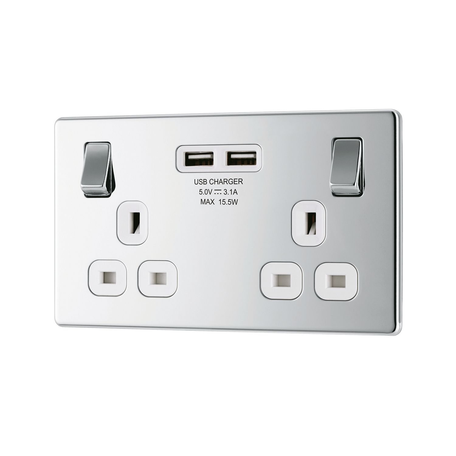 LAP 13A 2-Gang DP Switched Socket + 3.1A 15.5W 2-Outlet Type A USB Charger Polished Chrome with White Inserts (857KJ)