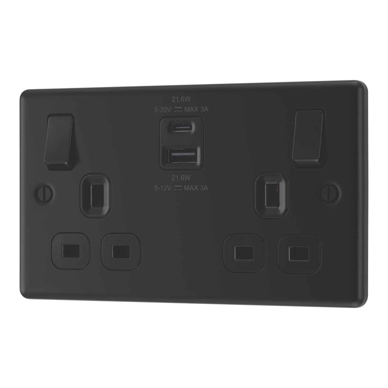 LAP 13A 2-Gang SP Switched Socket + 3A 22W 2-Outlet Type A & C USB Charger Matt Black with Black Inserts (863PN)