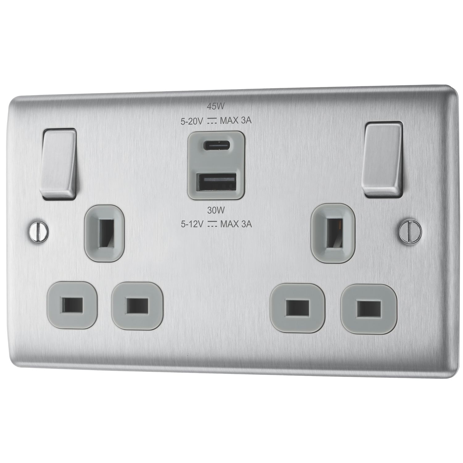 British General Nexus Metal 13A 2-Gang SP Switched Socket + 3A 45W 2-Outlet Type A & C USB Charger Brushed Steel with Grey Inserts (868PM)