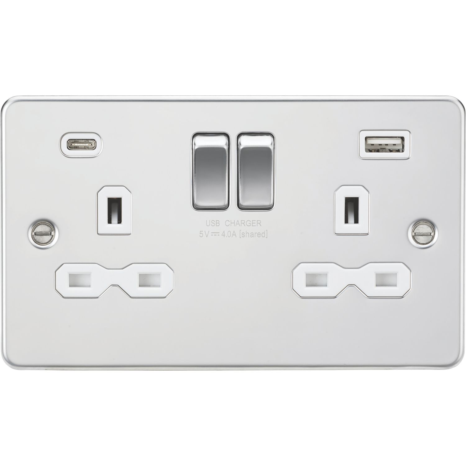 Knightsbridge 13A 2-Gang SP Switched Socket + 4.0A 20W 2-Outlet Type A & C USB Charger Polished Chrome with White Inserts (868PX)