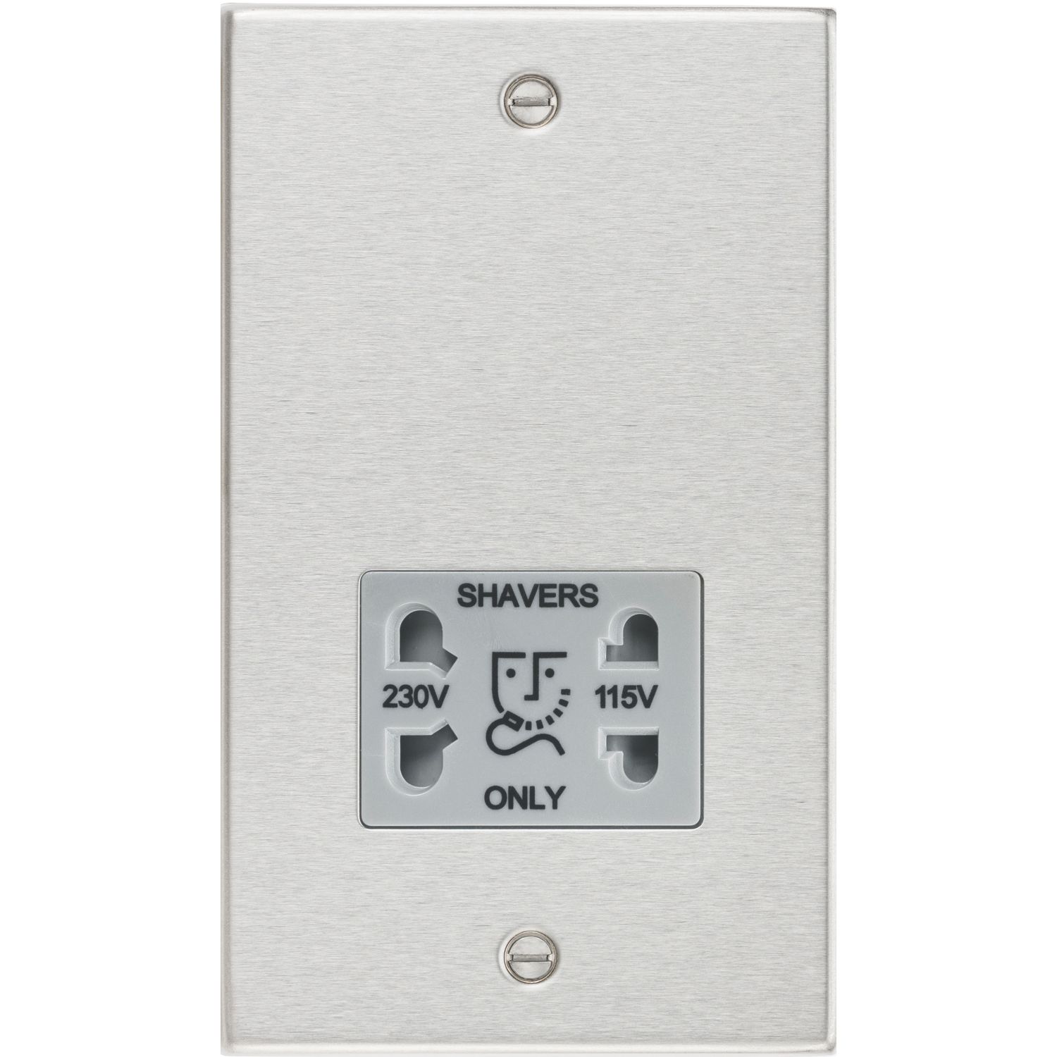 Knightsbridge 2-Gang Dual Voltage Shaver Socket 115 V / 230V Brushed Chrome with Colour-Matched Inserts (869VF)