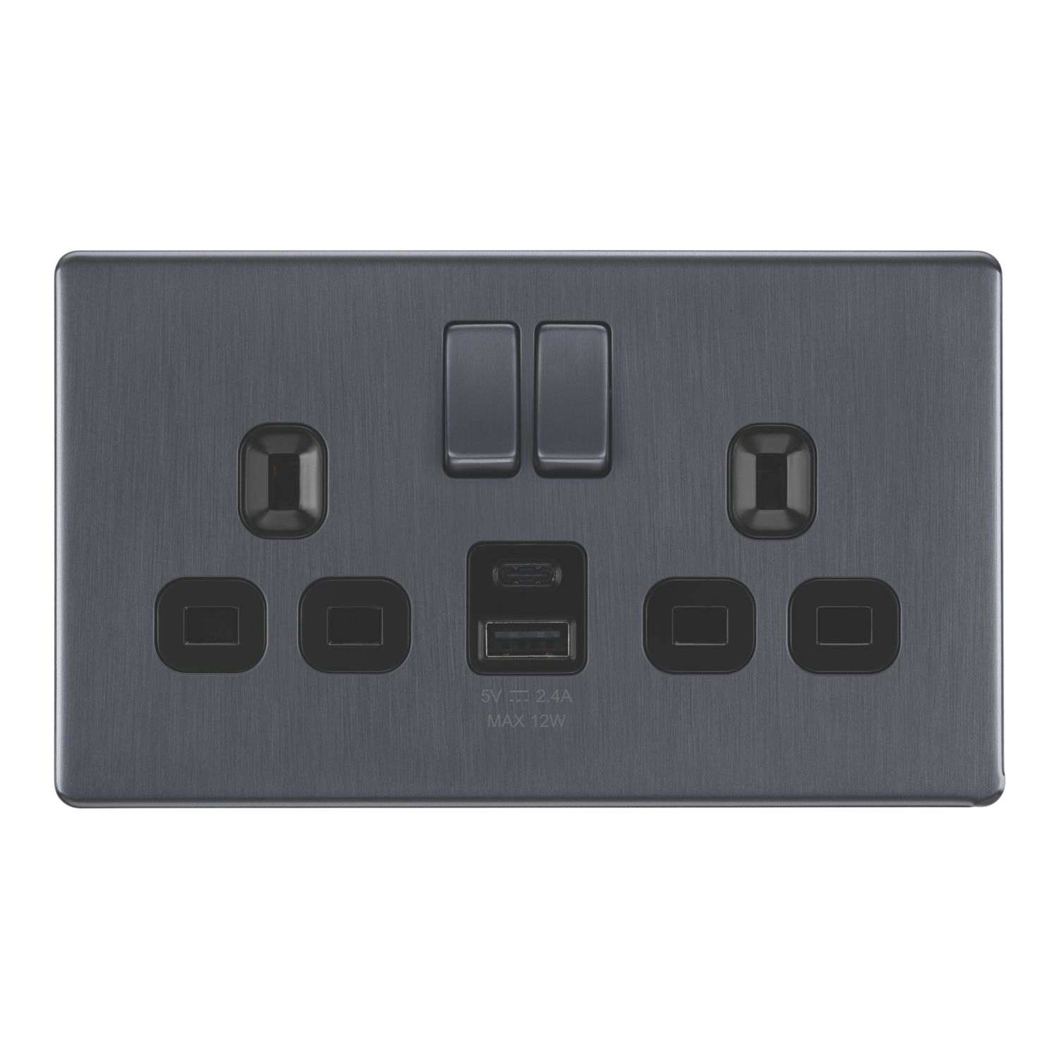 LAP 13A 2-Gang SP Switched Socket + 2.4A 12W 2-Outlet Type A & C USB Charger Slate Grey with Black Inserts (873PN)