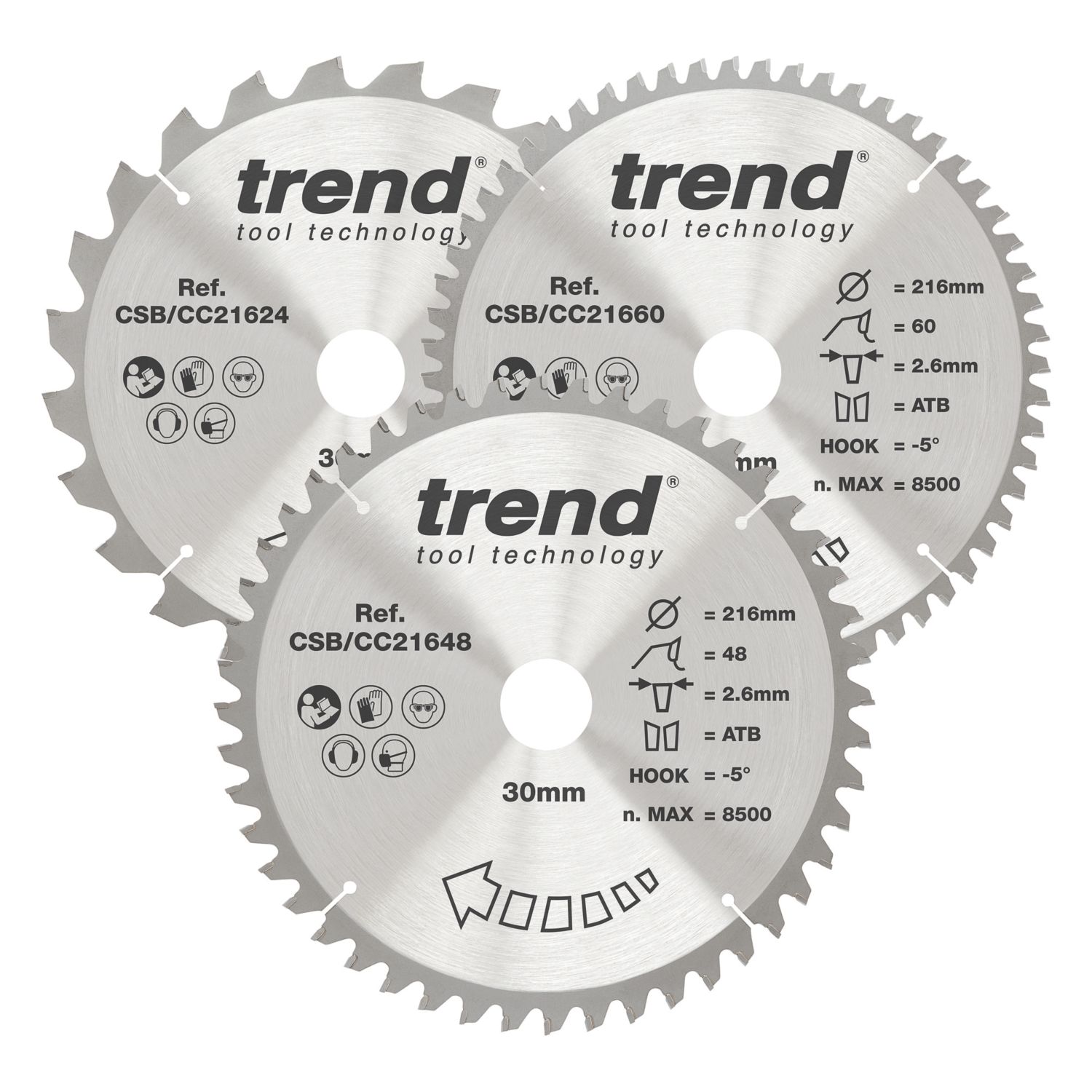 Trend Wood/Chipboard/MDF Mitre Saw Blades 216mm x 30mm 24/48/60T 3 Pack (874HT)