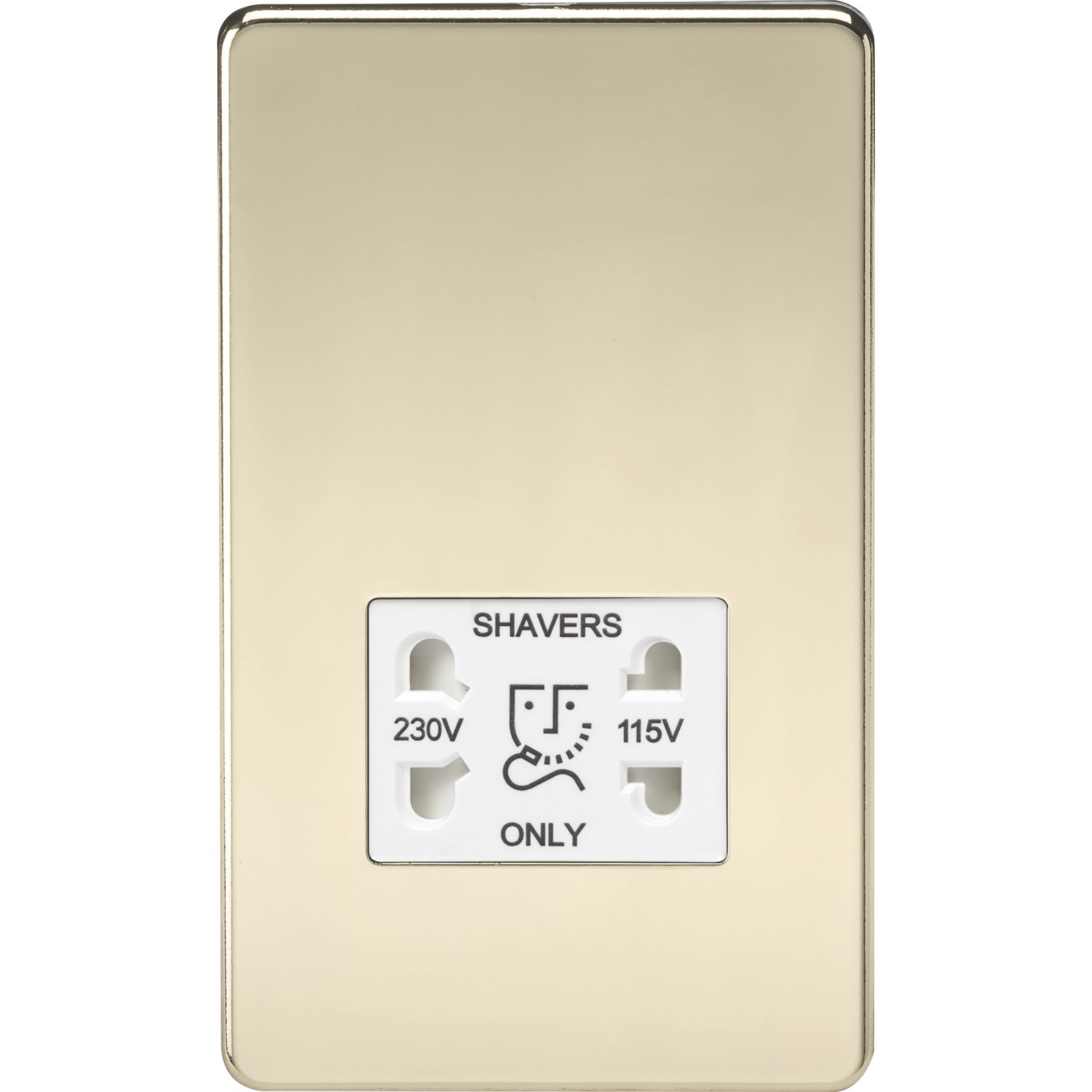 Knightsbridge 2-Gang Dual Voltage Shaver Socket 115 V / 230V Polished Brass with White Inserts (875TY)