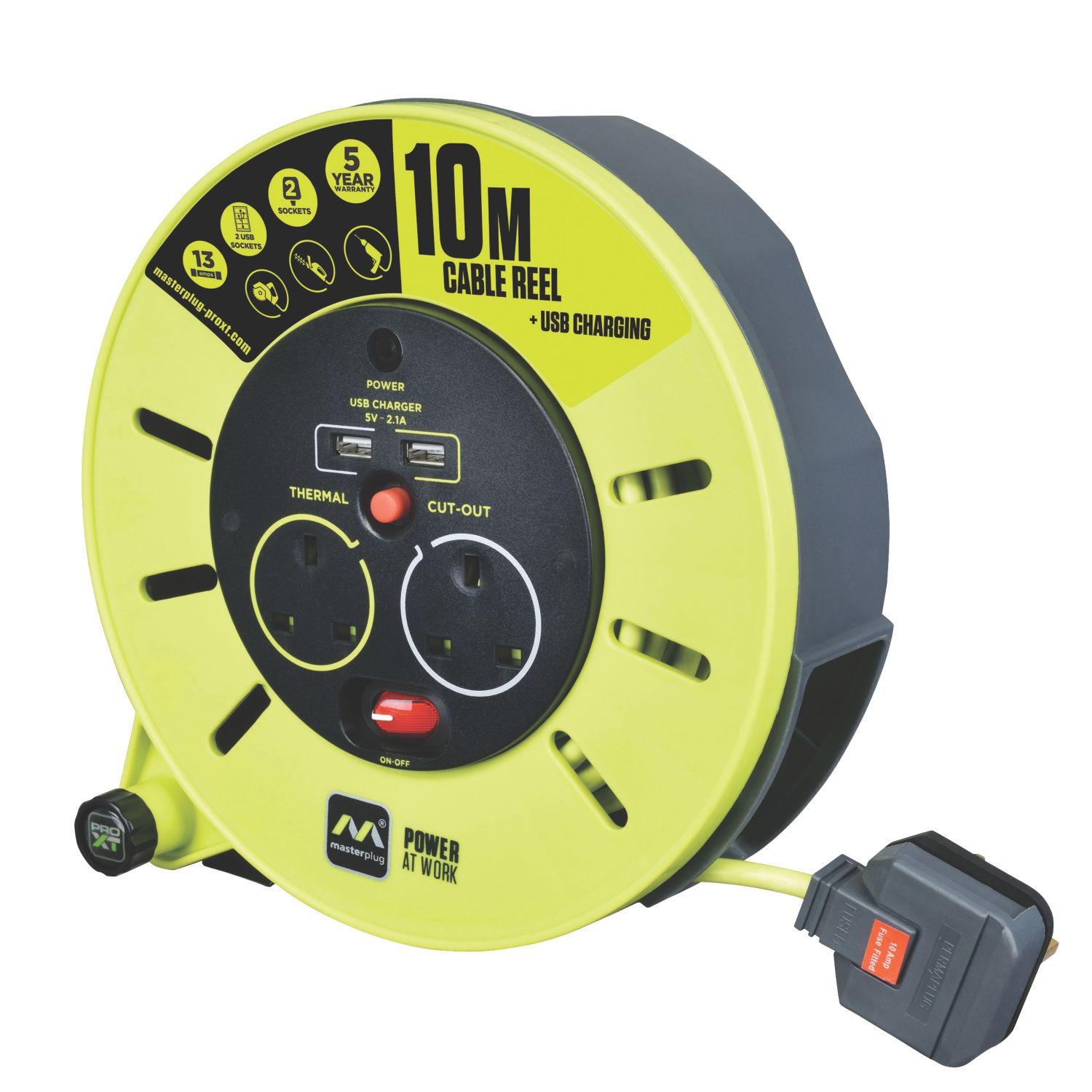 PRO XT 13A 2-Gang 10m Cable Reel + 2.1A 2-Outlet Type A USB Charger 240V (8796X)