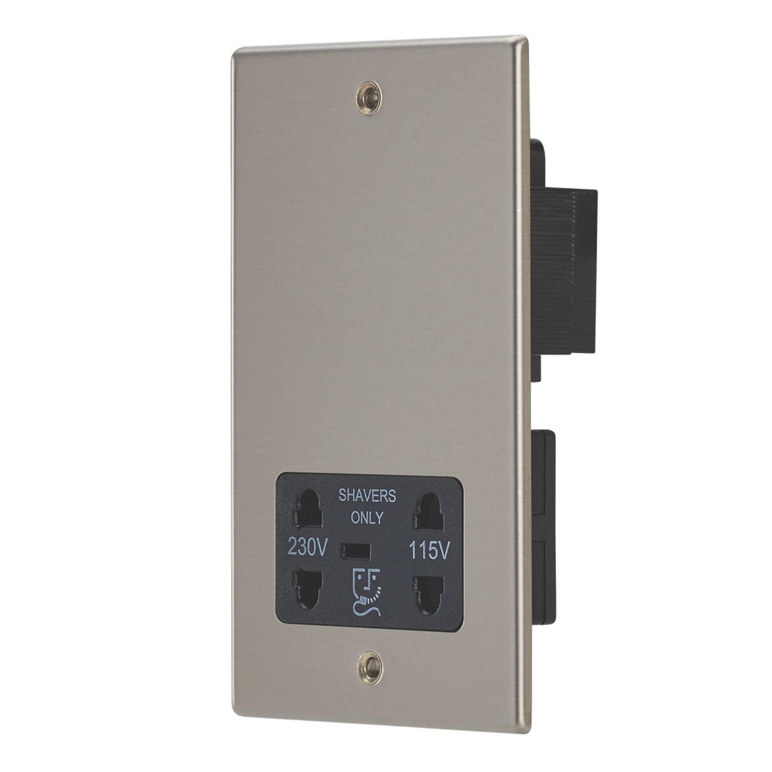 Contactum Iconic 2-Gang Dual Voltage Shaver Socket 115 - 230V Brushed Steel with Black Inserts (882RP)