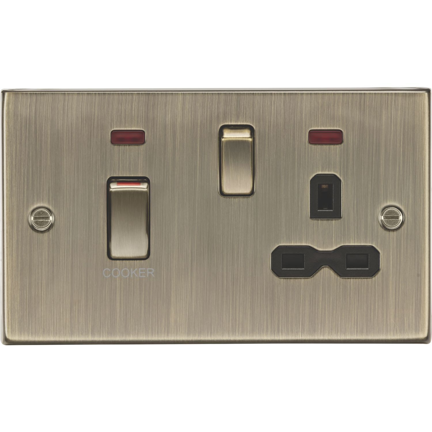 Knightsbridge 45A 2-Gang DP Cooker Switch & 13A DP Switched Socket Antique Brass with LED with Black Inserts (883VR)