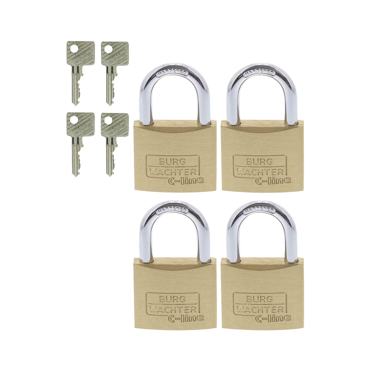 Burg-Wachter Brass Keyed Alike Long Shackle Padlocks 40mm 4 Pack (890PH)