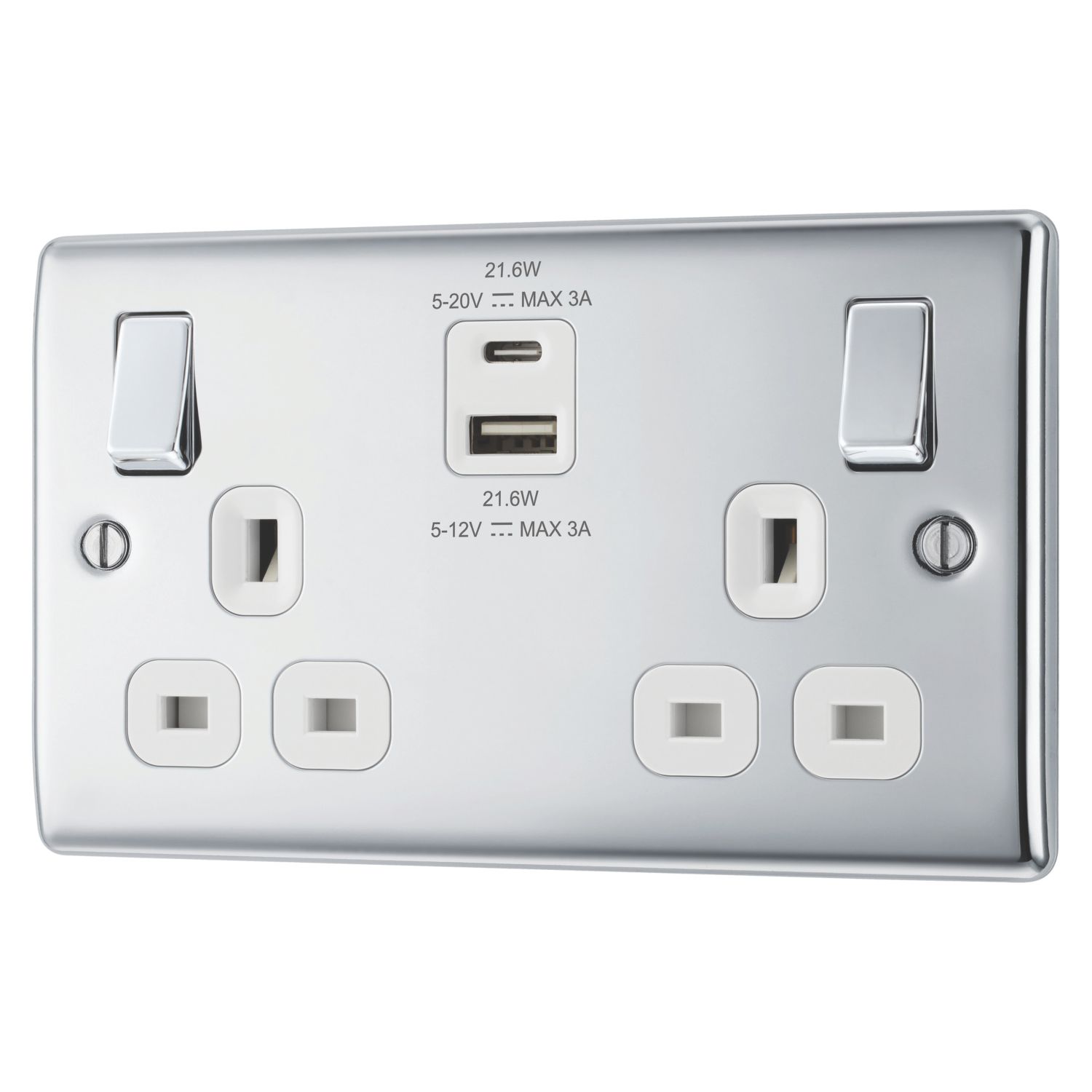 British General Nexus Metal 13A 2-Gang SP Switched Socket + 2.4A 22W 2-Outlet Type A & C USB Charger Polished Chrome with White Inserts (892PM)