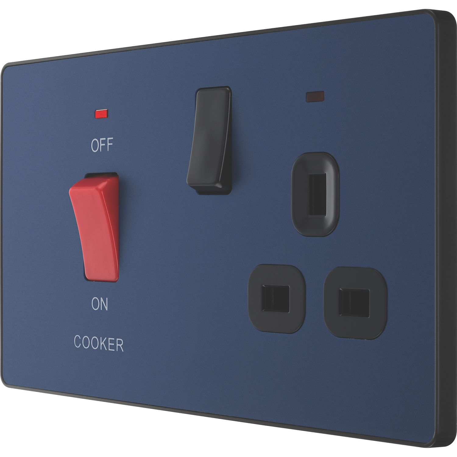 British General Evolve 45A 2-Gang 2-Pole Cooker Switch & 13A DP Switched Socket Blue with LED with Black Inserts (893PX)