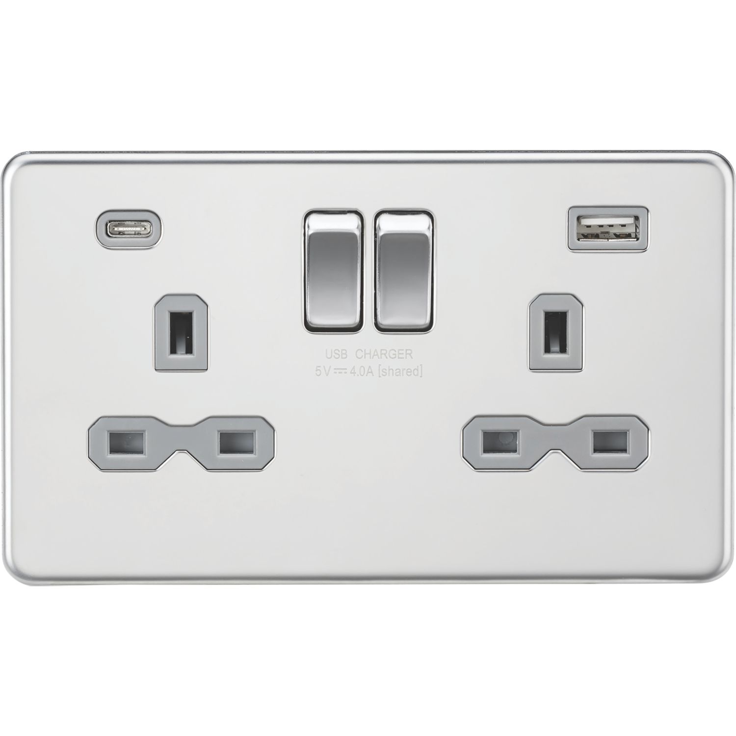 Knightsbridge 13A 2-Gang SP Switched Socket + 4.0A 20W 2-Outlet Type A & C USB Charger Polished Chrome with Grey Inserts (895PY)