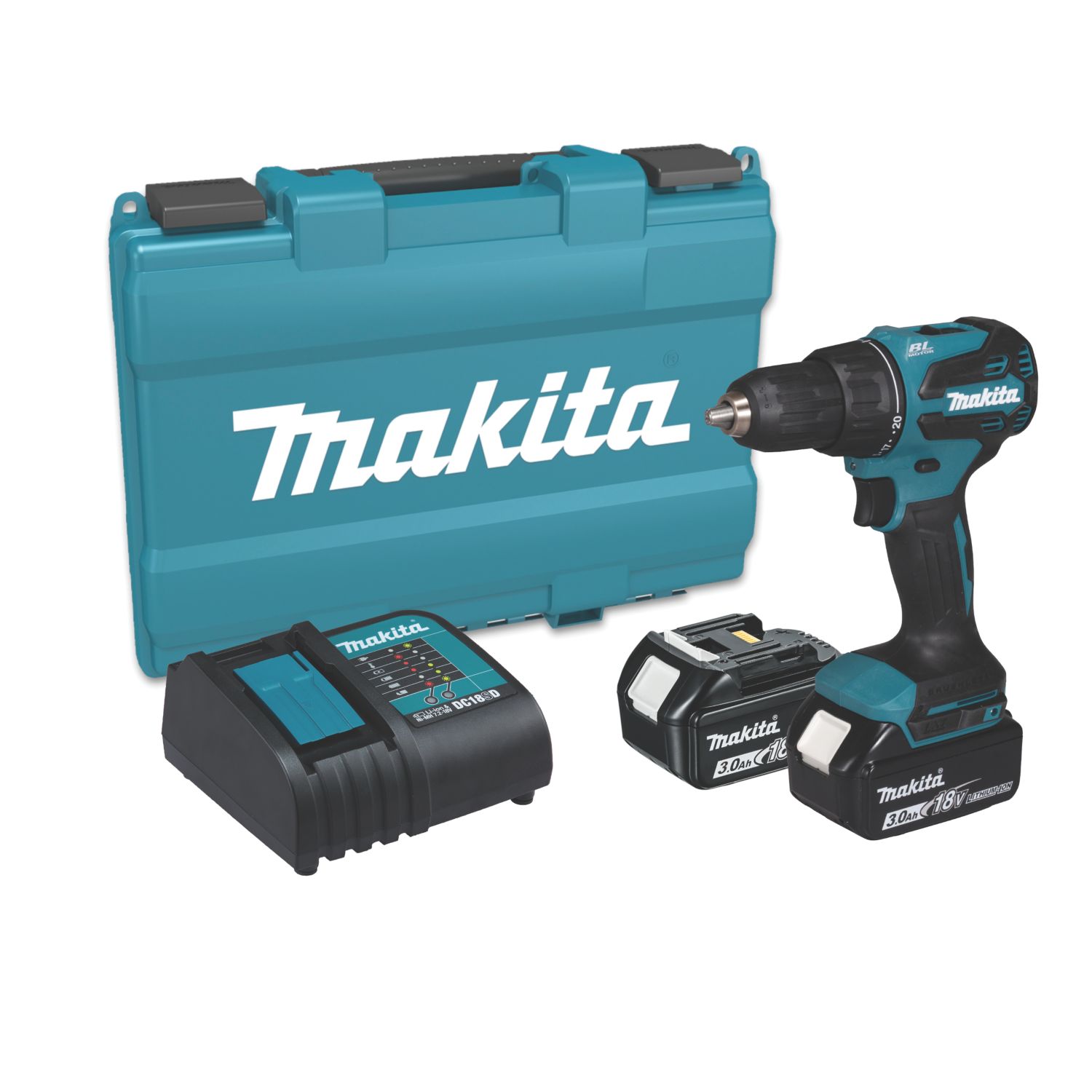 Makita DHP490SFX2 18V 1 x 3.0Ah Li-Ion LXT Brushless Cordless Combi Drill & Drill Bit Set (897AC)