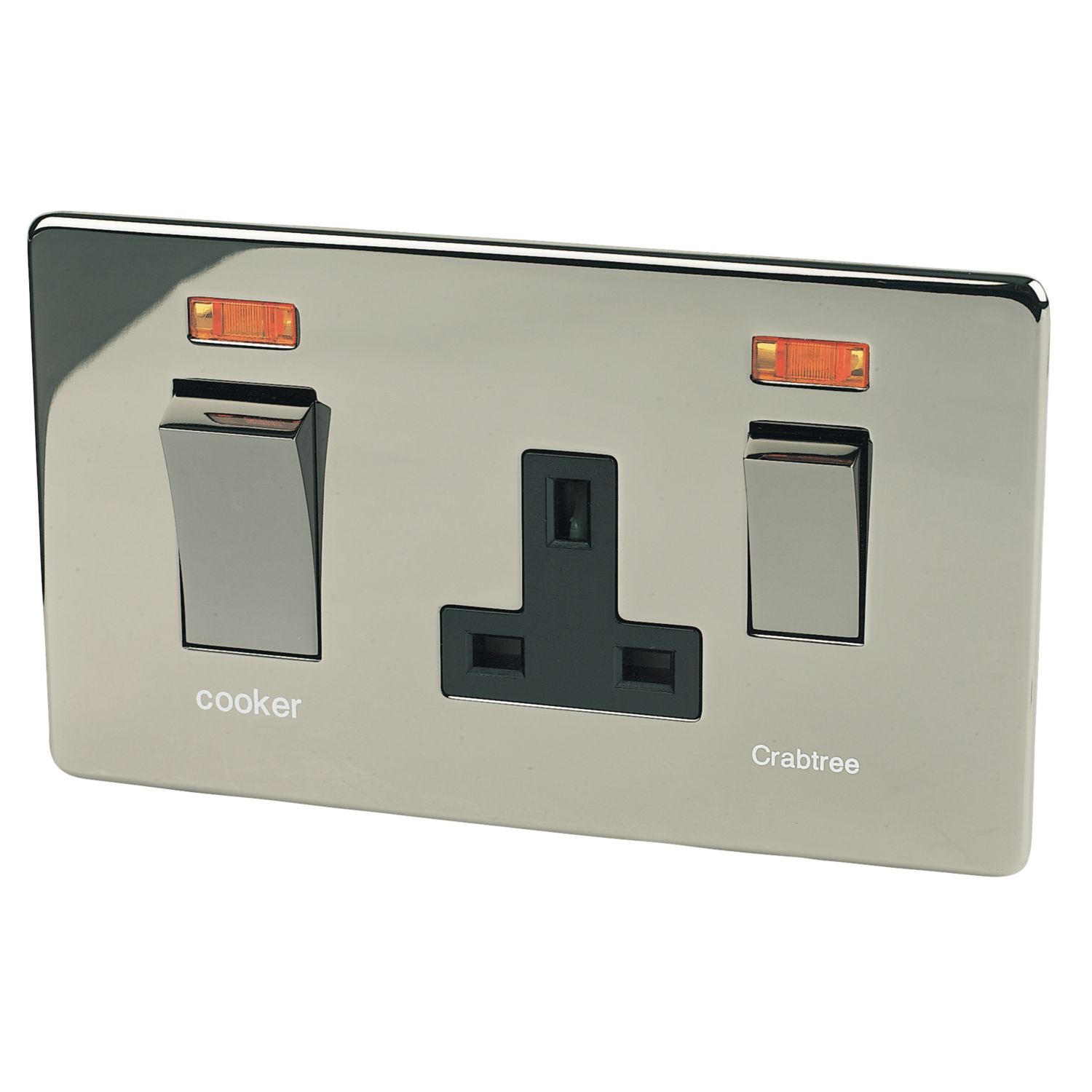 Crabtree Platinum 45A 2-Gang DP Cooker Switch & 13A DP Switched Socket Black Nickel with Neon with Black Inserts (89970)