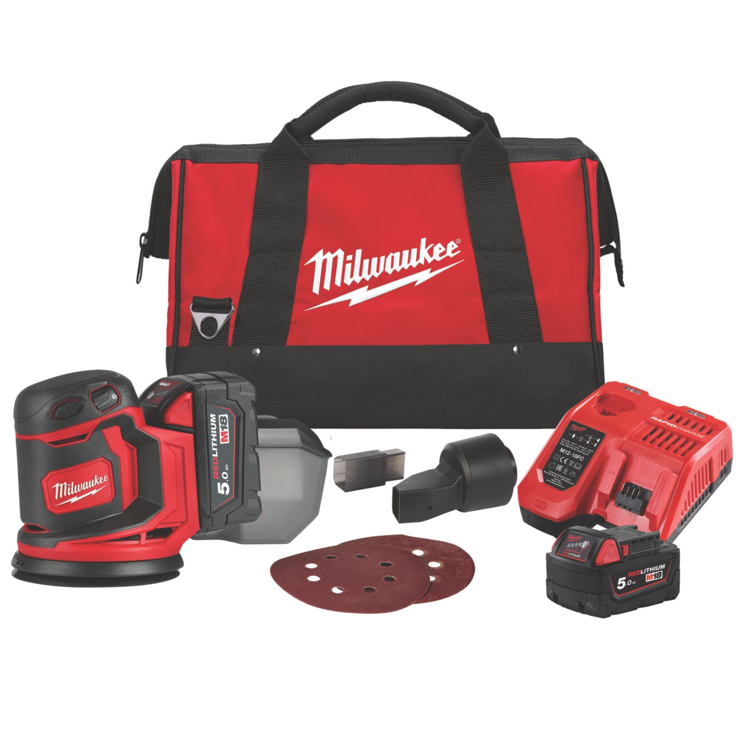 Milwaukee M18 BOS125-502B 125mm 18V 2 x 5.0Ah Li-Ion RedLithium Cordless Random Orbit Sander (900GX)