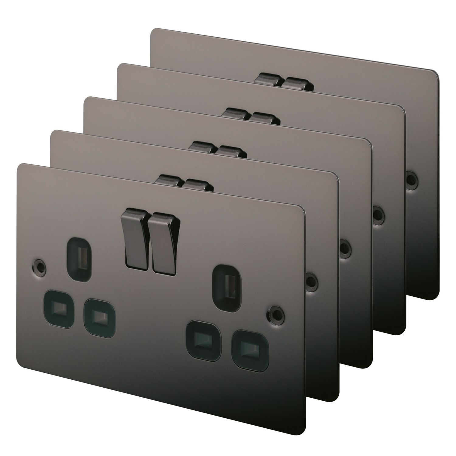 LAP 13A 2-Gang DP Switched Plug Sockets Black Nickel with Black Inserts 5 Pack (90315)