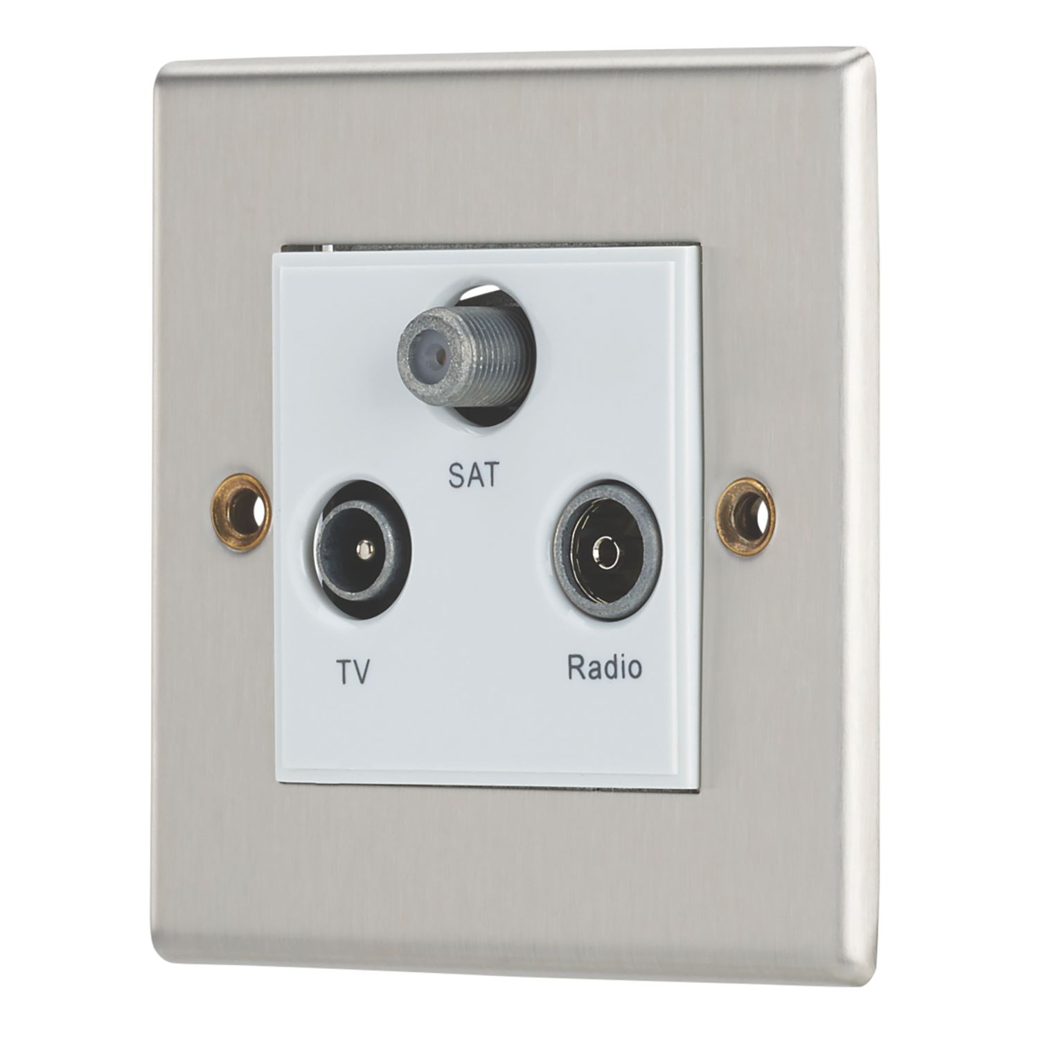 Contactum iConic 1-Gang Coaxial TV / FM & Satellite Socket Brushed Steel with White Inserts (908RP)