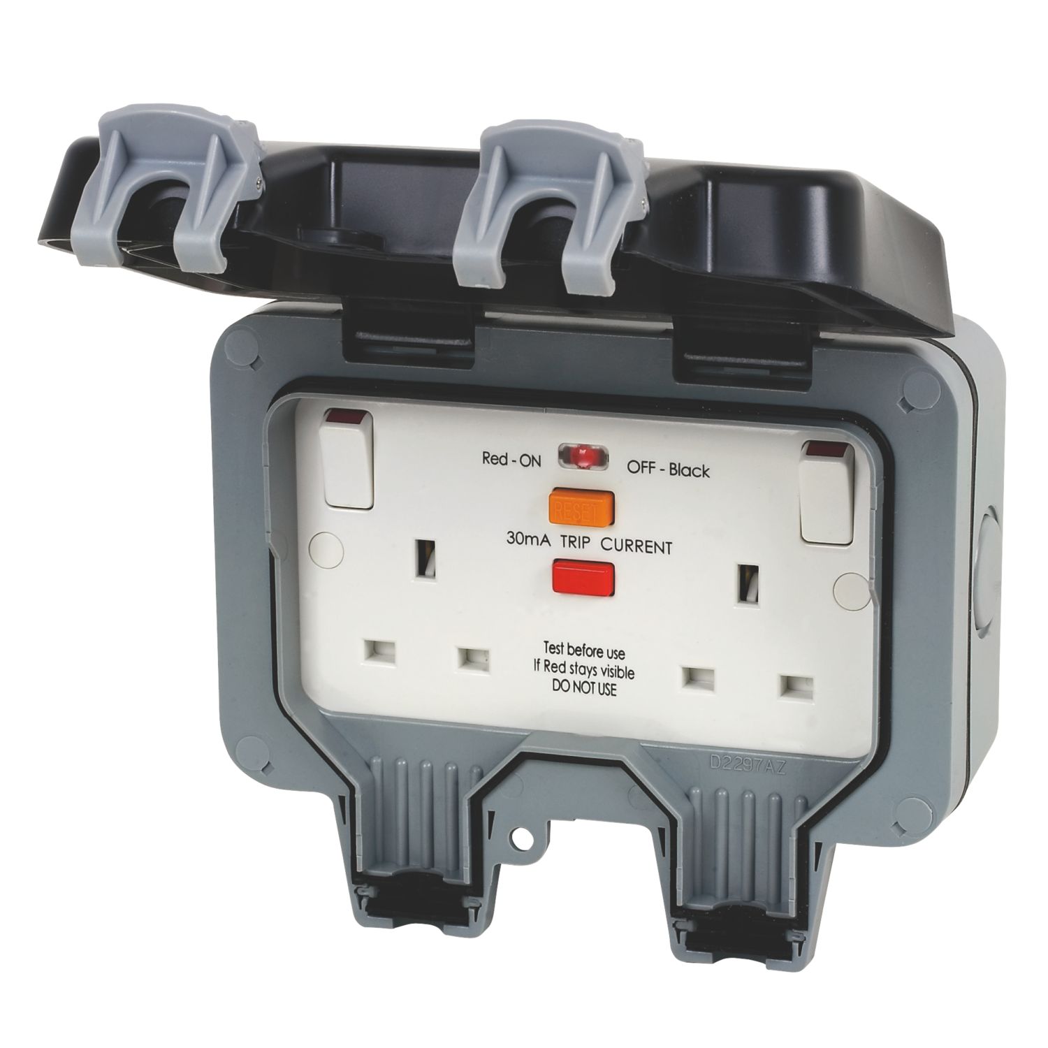 British General IP66 13A 2-Gang SP Weatherproof Outdoor Switched Passive RCD Socket (91095)