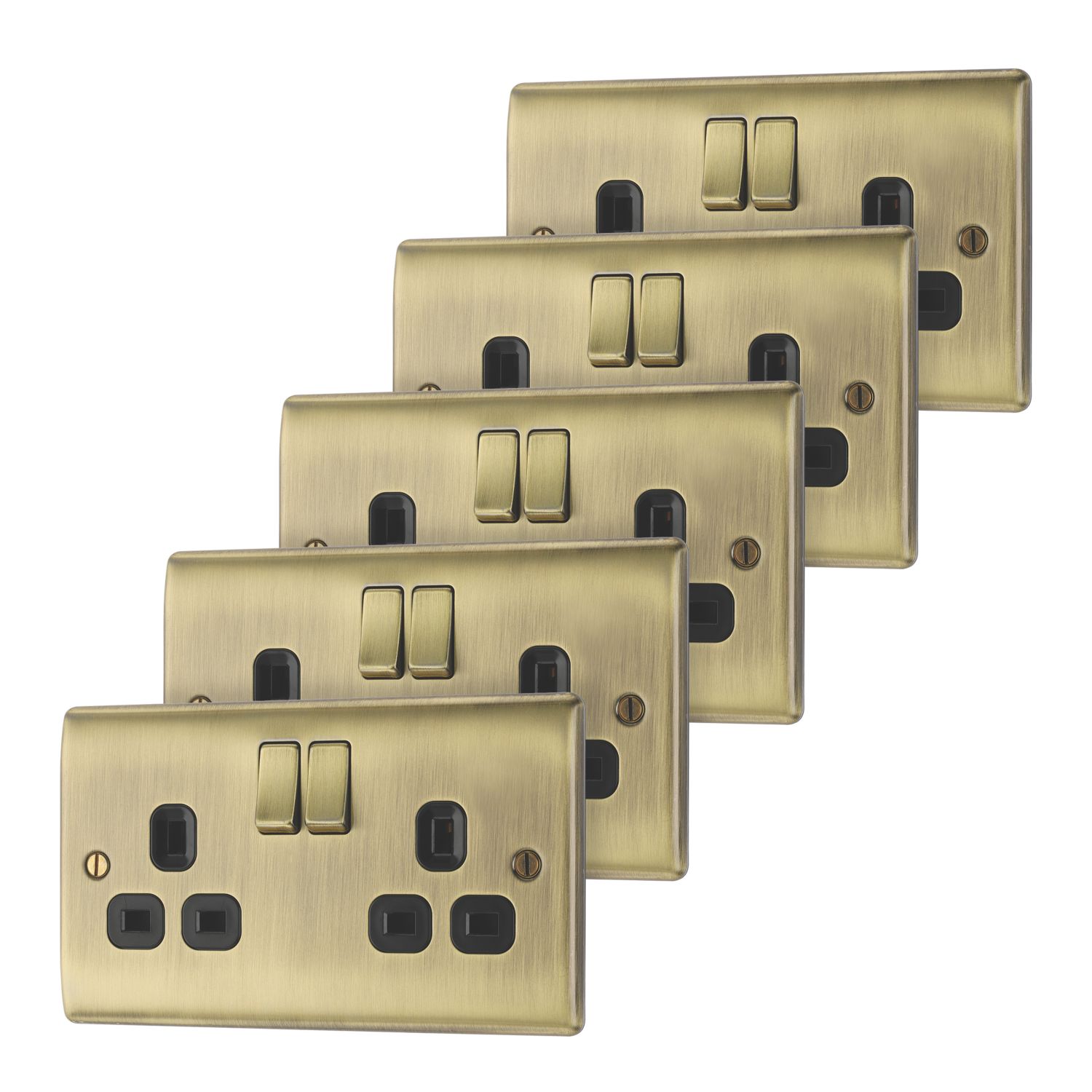 British General Nexus Metal 13A 2-Gang DP Switched Plug Sockets Antique Brass with Black Inserts 5 Pack (910CH)