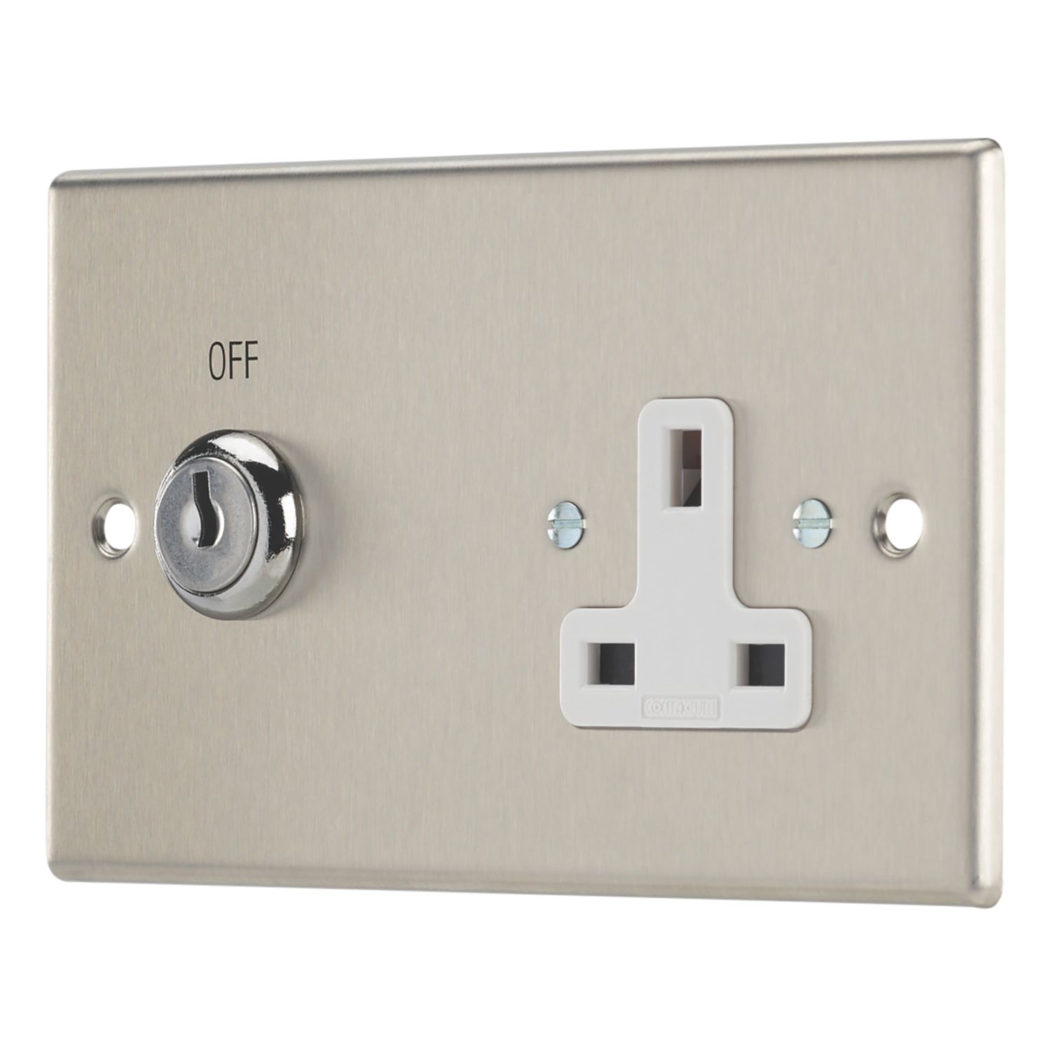 Contactum iConic 13A Key Switch 1-Gang 2-Pole Switched Socket Brushed Steel with White Inserts (913RK)
