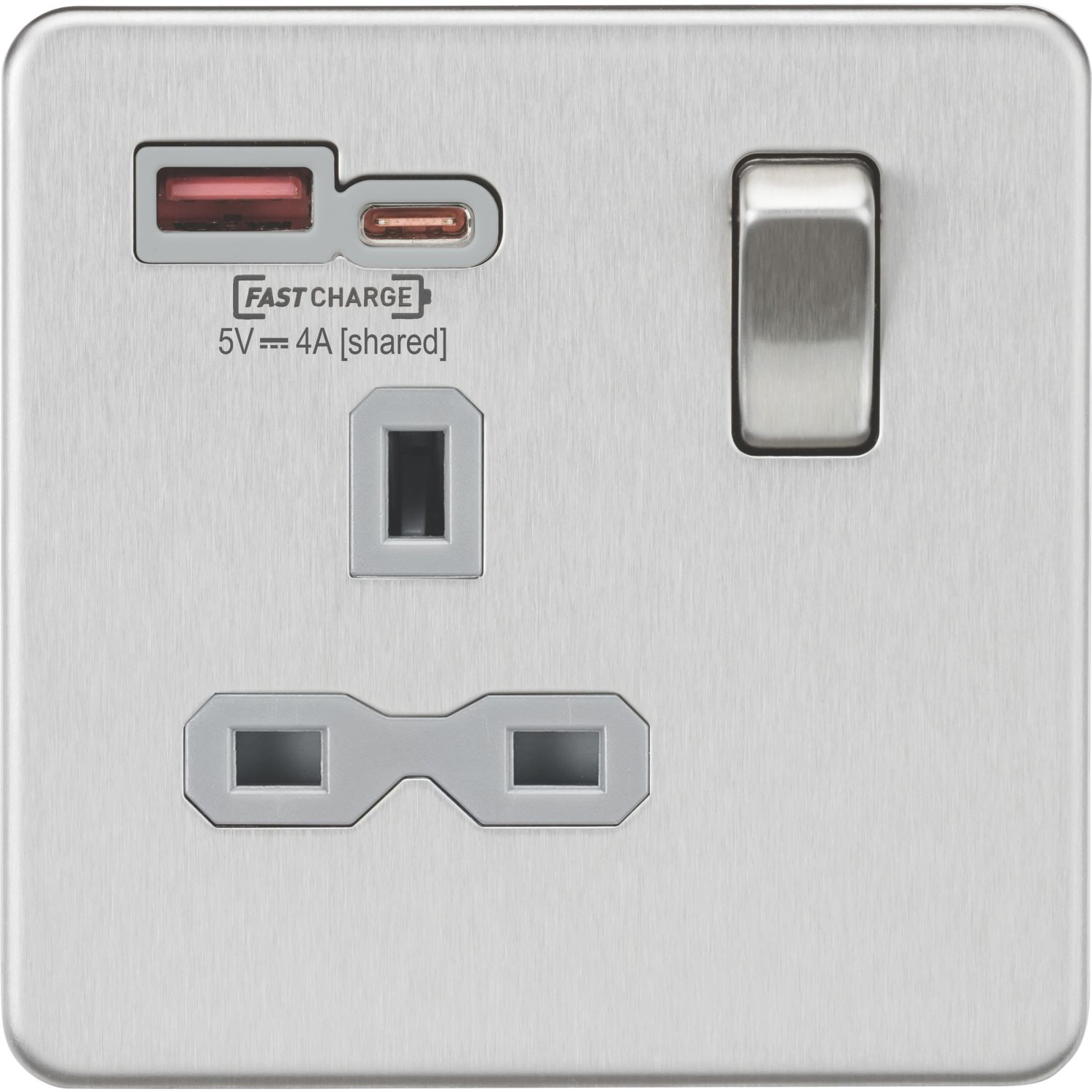 Knightsbridge 13A 1-Gang SP Switched Socket + 4.0A 20W 2-Outlet Type A & C USB Charger Brushed Chrome with Grey Inserts (915PX)