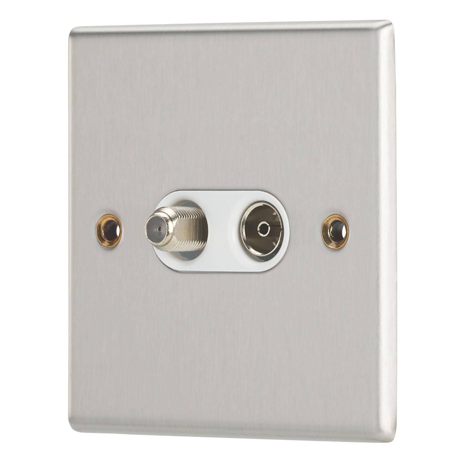 Contactum iConic 2-Gang Coaxial TV & F-Type Satellite Socket Brushed Steel with White Inserts (917RP)