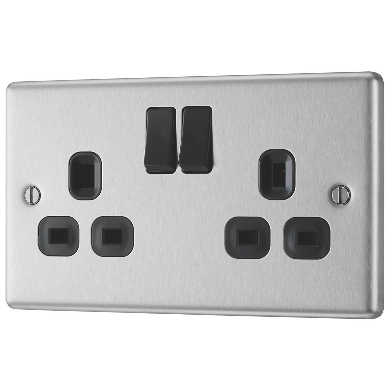 LAP 13A 2-Gang SP Switched Plug Socket Brushed Stainless Steel with Black Inserts (9183C)