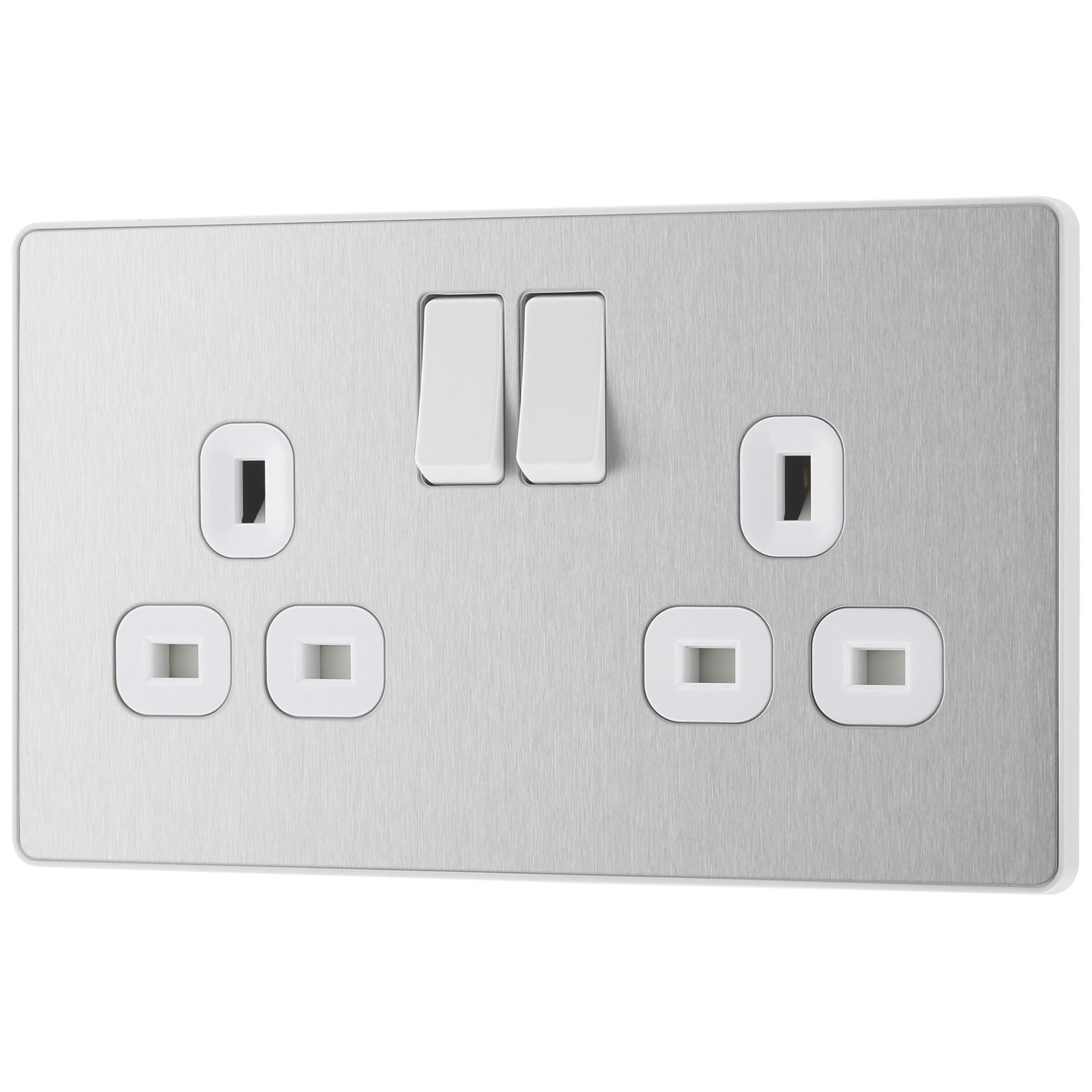 British General Evolve 13A 2-Gang SP Switched Socket Brushed Steel with White Inserts (918RF)
