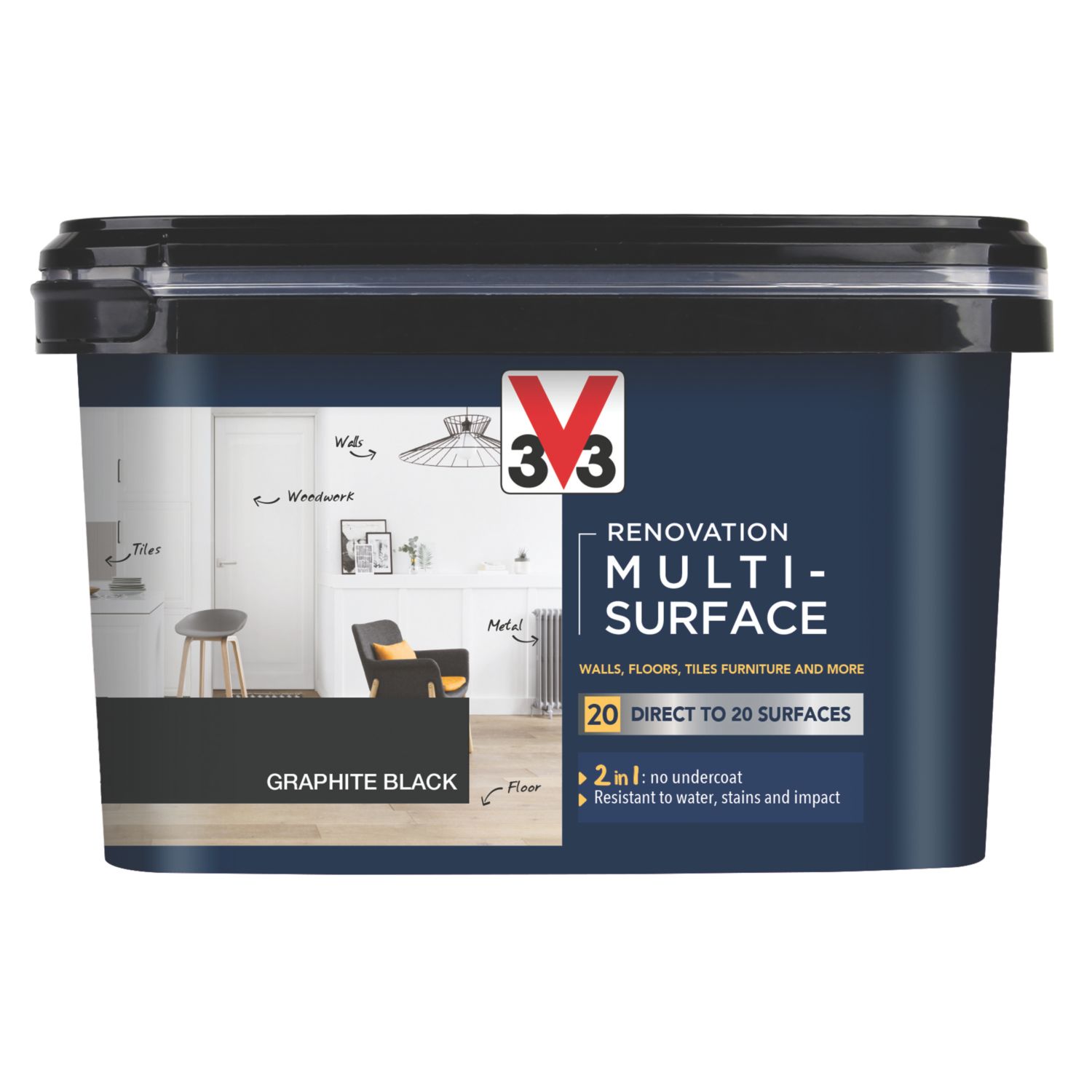 V33 2Ltr Graphite Black Satin Acrylic Multi Surface Paint (920FW)