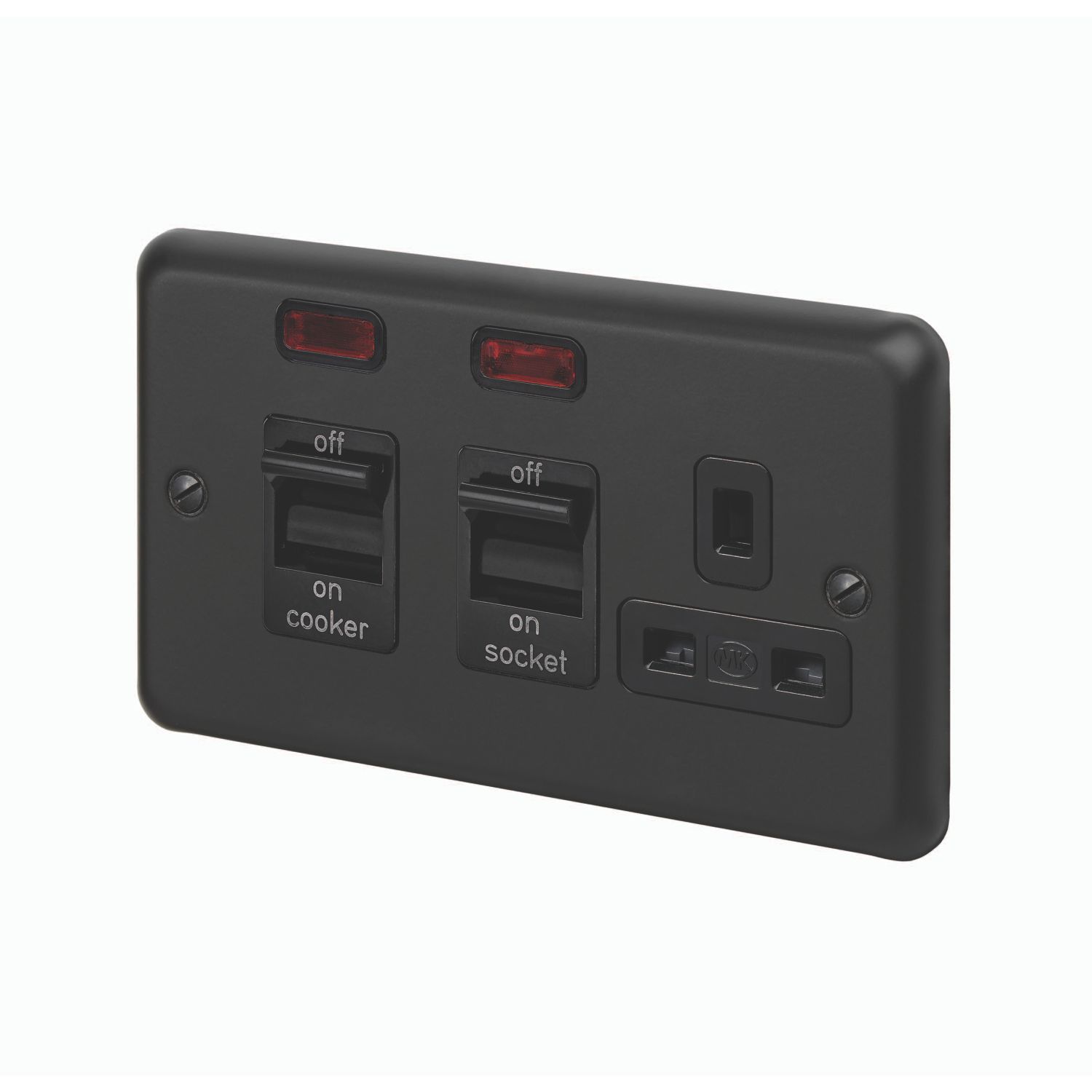 MK Contoura 45A 2-Gang DP Cooker Switch & 13A DP Switched Socket Black with Neon with Colour-Matched Inserts (920RG)