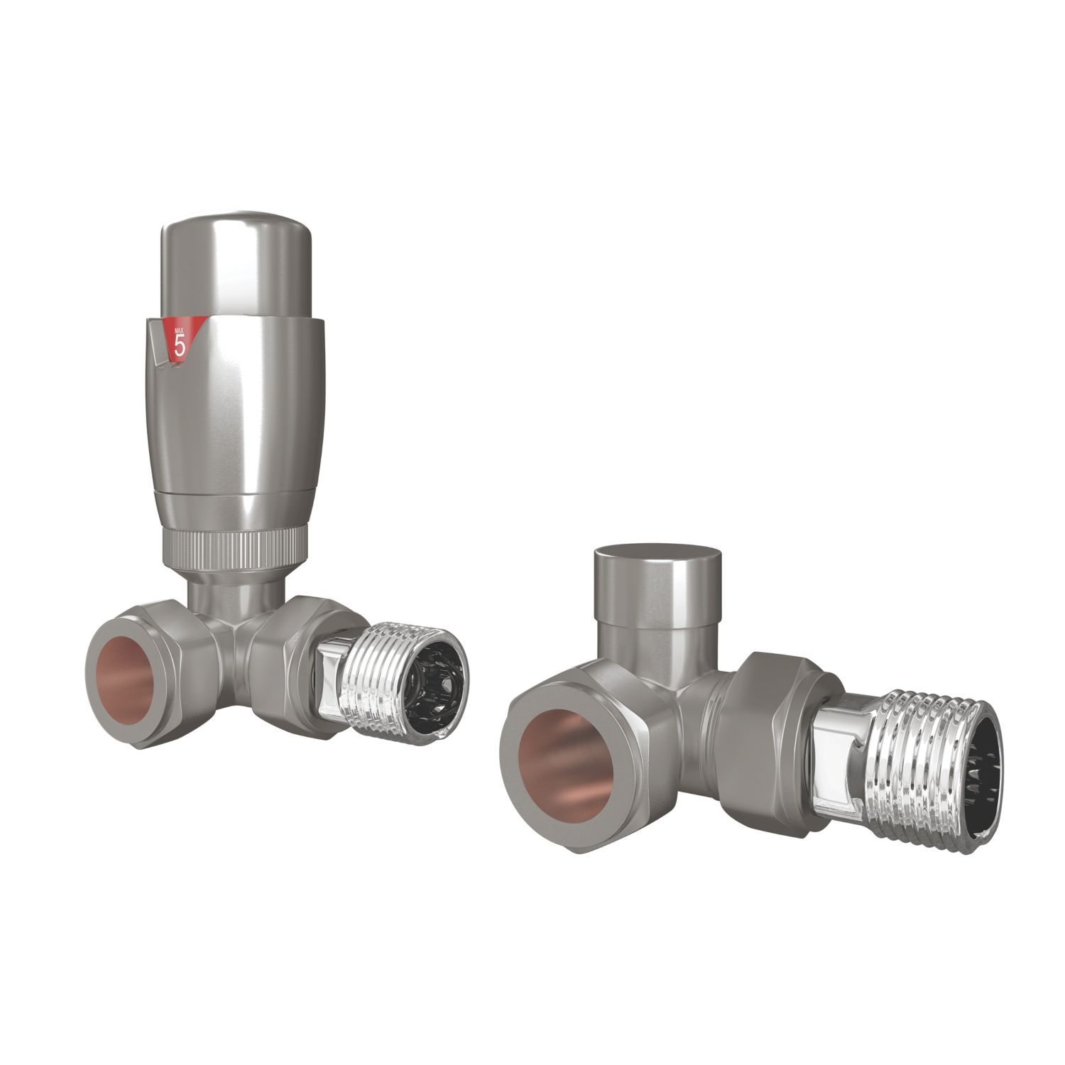 ETAL Danva 15mm x 1/2" Brushed Steel Corner Modern Thermostatic Radiator Valve & Lockshield (923VV)
