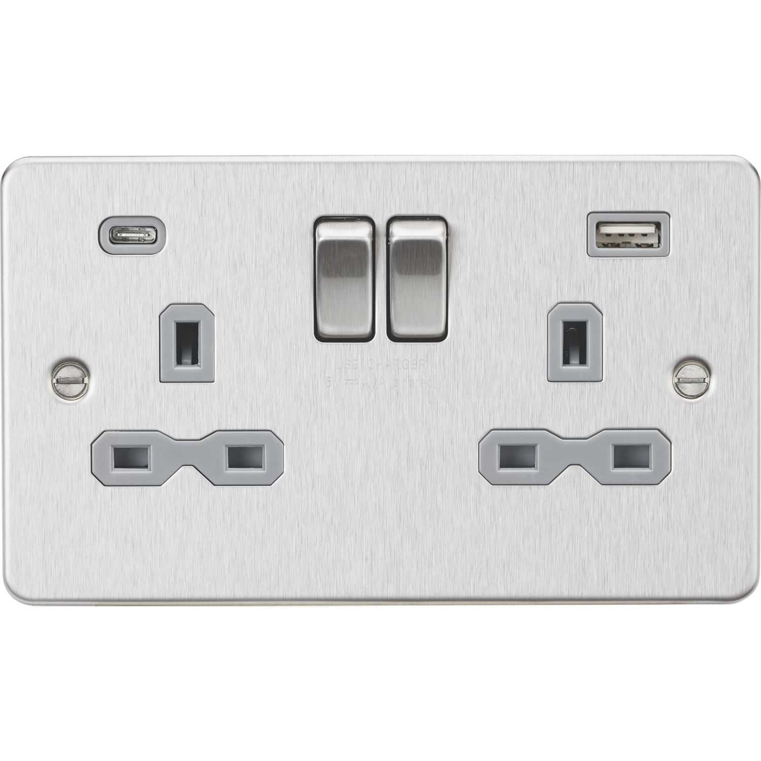 Knightsbridge 13A 2-Gang SP Switched Socket + 4.0A 20W 2-Outlet Type A & C USB Charger Brushed Chrome with Grey Inserts (925PY)