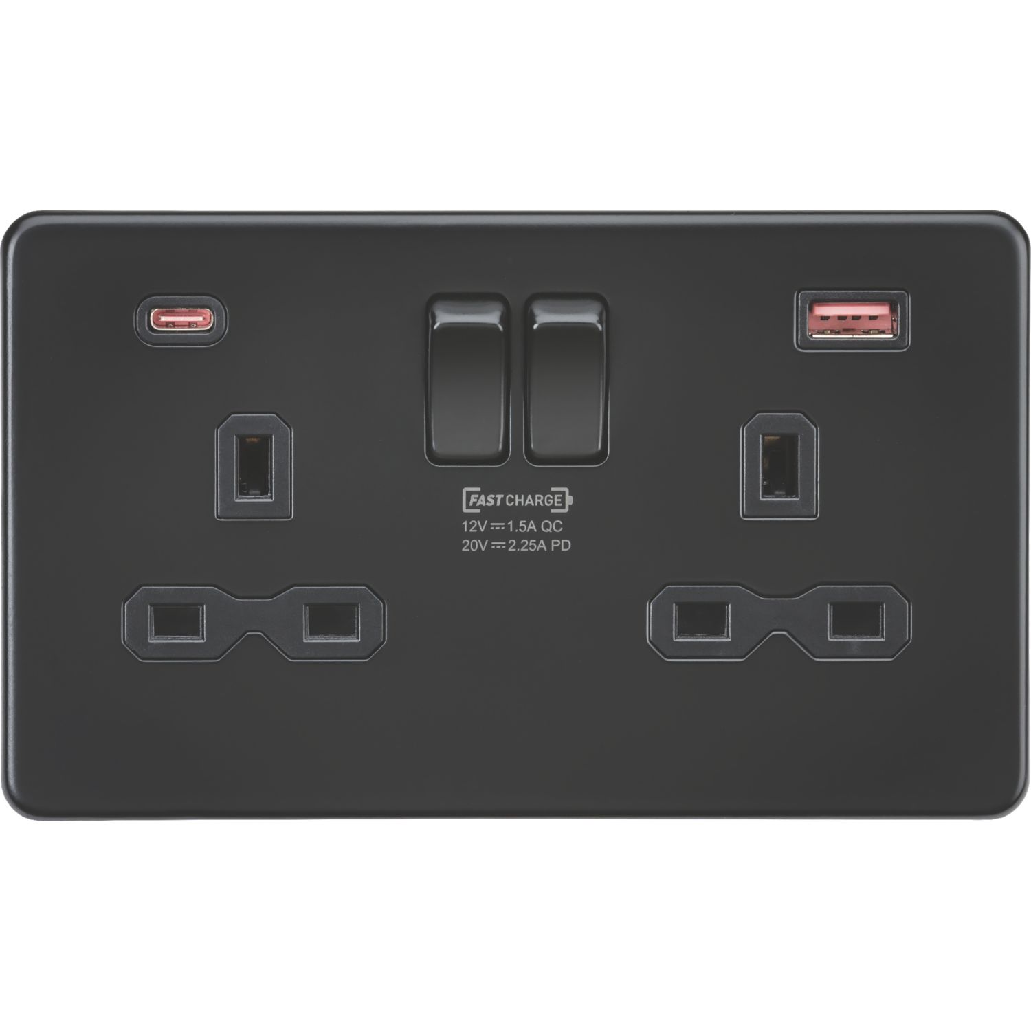 Knightsbridge 13A 2-Gang DP Switched Socket + 2.25A 45W 2-Outlet Type A & C USB Charger Matt Black with Black Inserts (926PY)