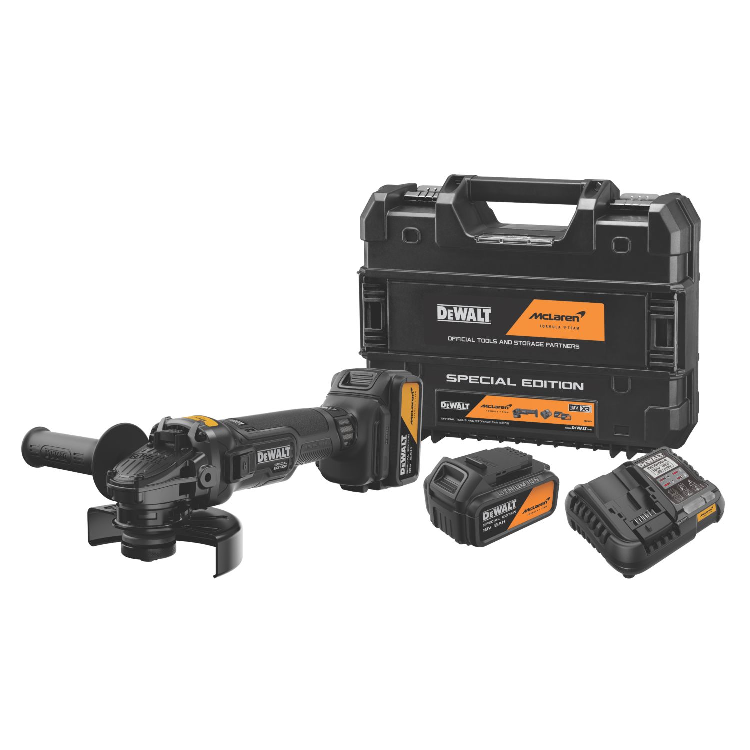 DEWALT McLaren F1 Team DCG45MP2T-GB 18V 2 x 5.0Ah Li-Ion XR 5" Brushless Cordless Angle Grinder (929EH)