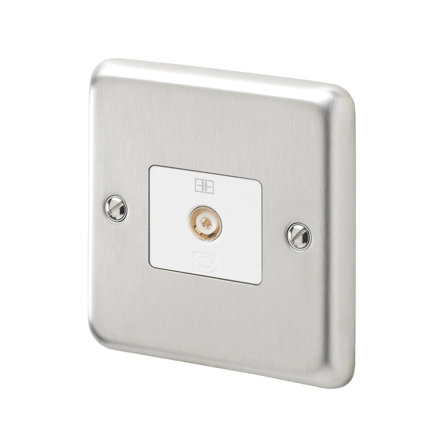 MK Contoura 1-Gang Coaxial TV / FM Socket Brushed Stainless Steel with White Inserts (930RG)