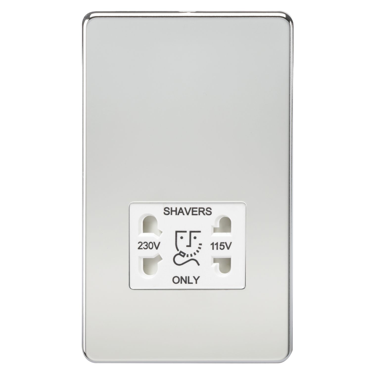 Knightsbridge 2-Gang Dual Voltage Shaver Socket 115 V / 230V Polished Chrome with White Inserts (931TX)
