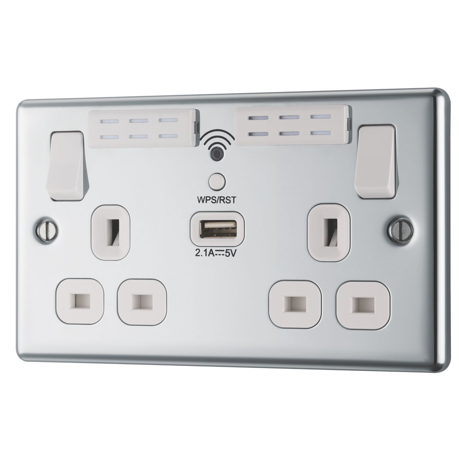 LAP 13A 2-Gang SP Switched Wi-Fi Extender Socket + 2.1A 10.5W 1-Outlet Type A USB Charger Polished Chrome with White Inserts (933HF)
