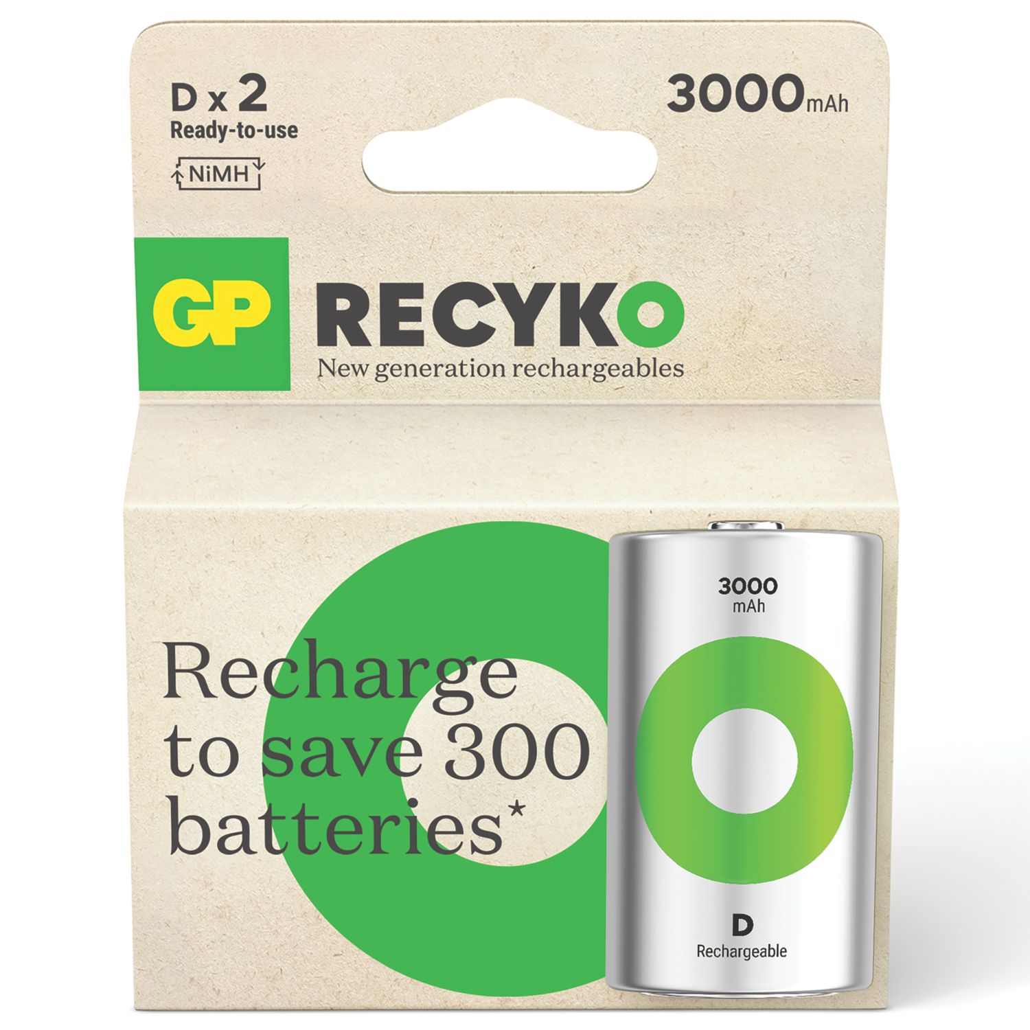 GP Batteries Recyko Rechargeable D 1.2V Ni-MH Batteries 2 Pack (935RM)