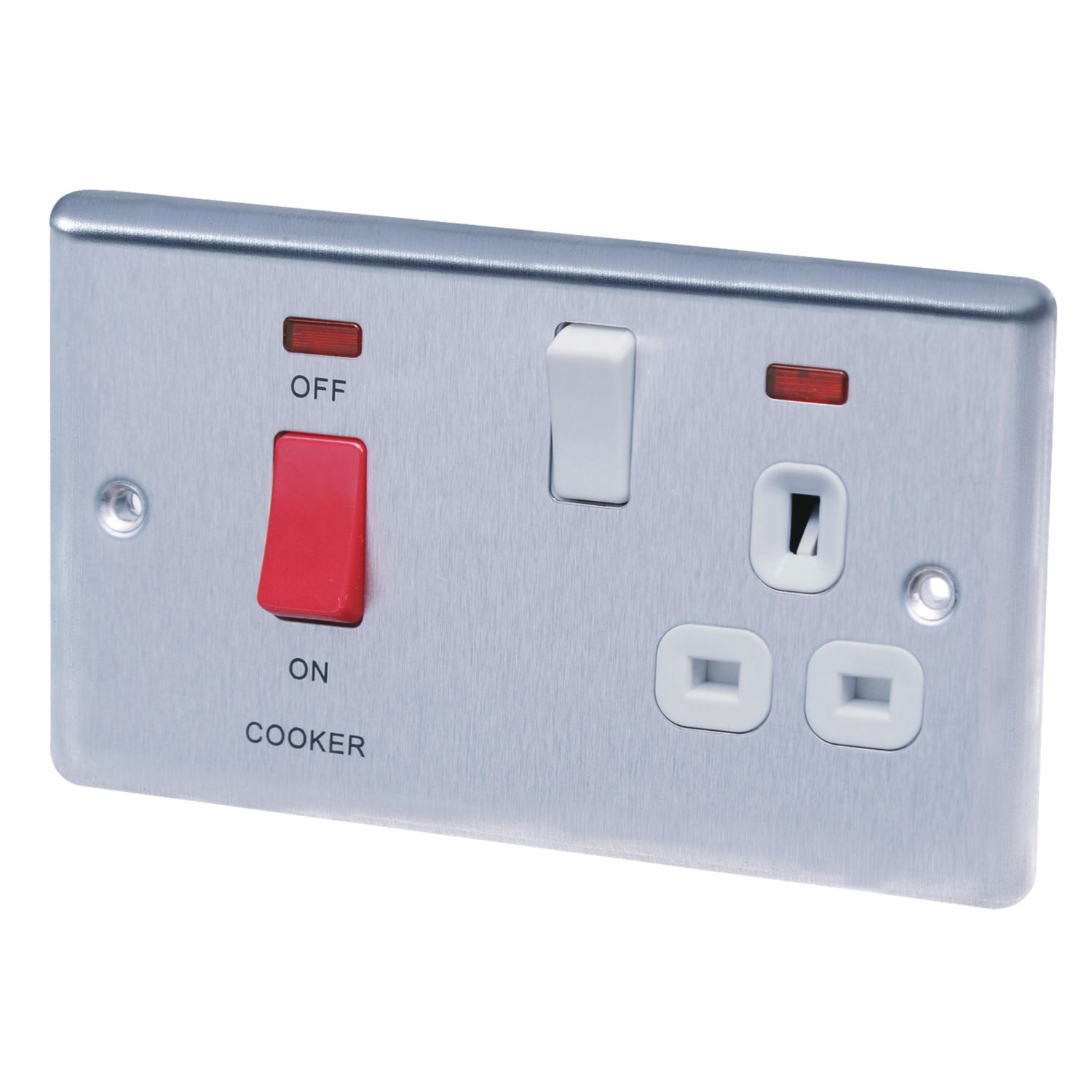 LAP 45A 2-Gang DP Cooker Switch & 13A DP Switched Socket Brushed Stainless Steel with Neon with White Inserts (94738)