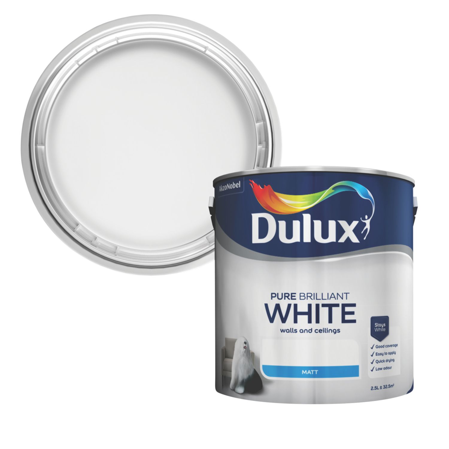 Dulux 2.5Ltr Pure Brilliant White Matt Emulsion Paint (9481V)