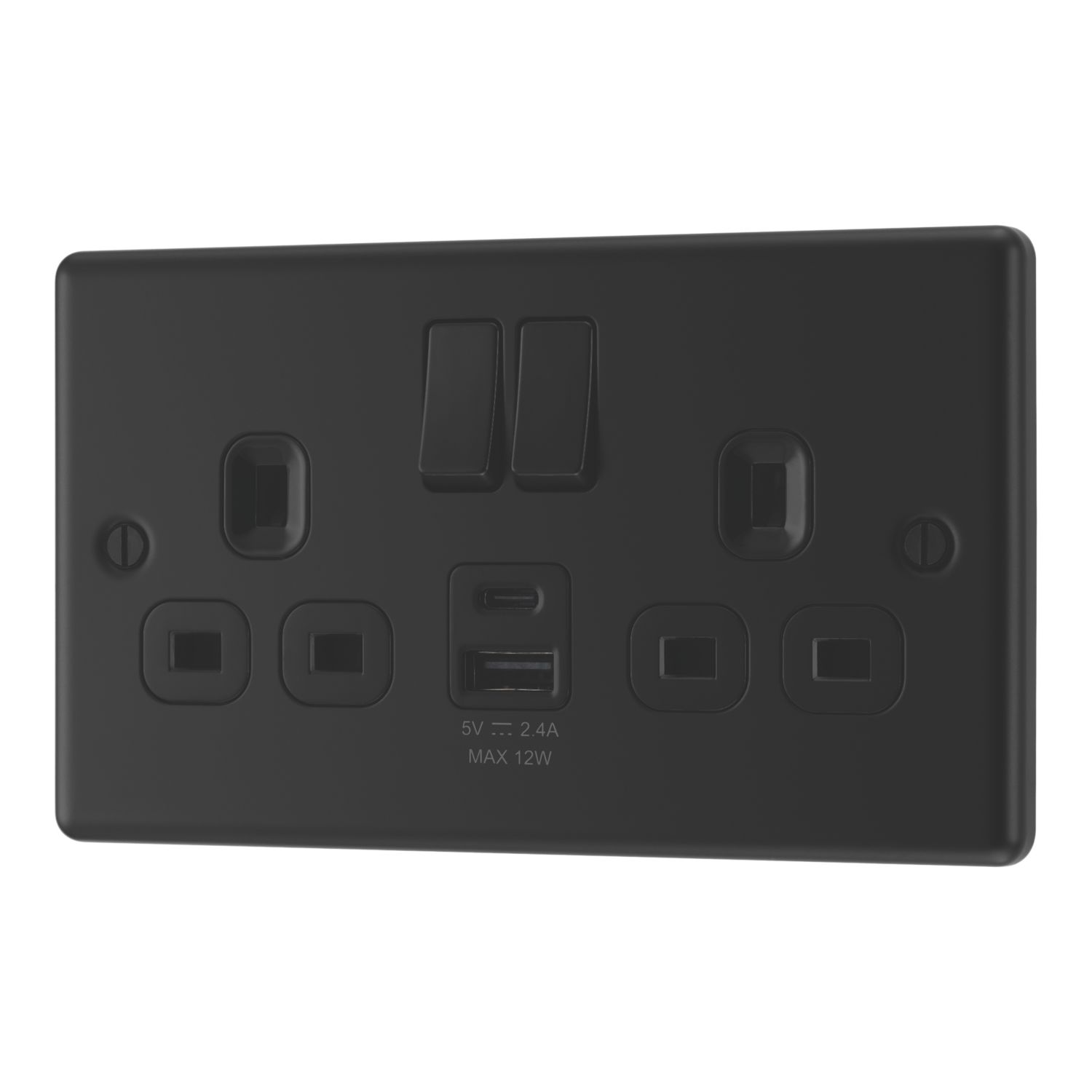 LAP 13A 2-Gang SP Switched Socket + 2.4A 12W 2-Outlet Type A & C USB Charger Matt Black with Colour-Matched Inserts (958PN)