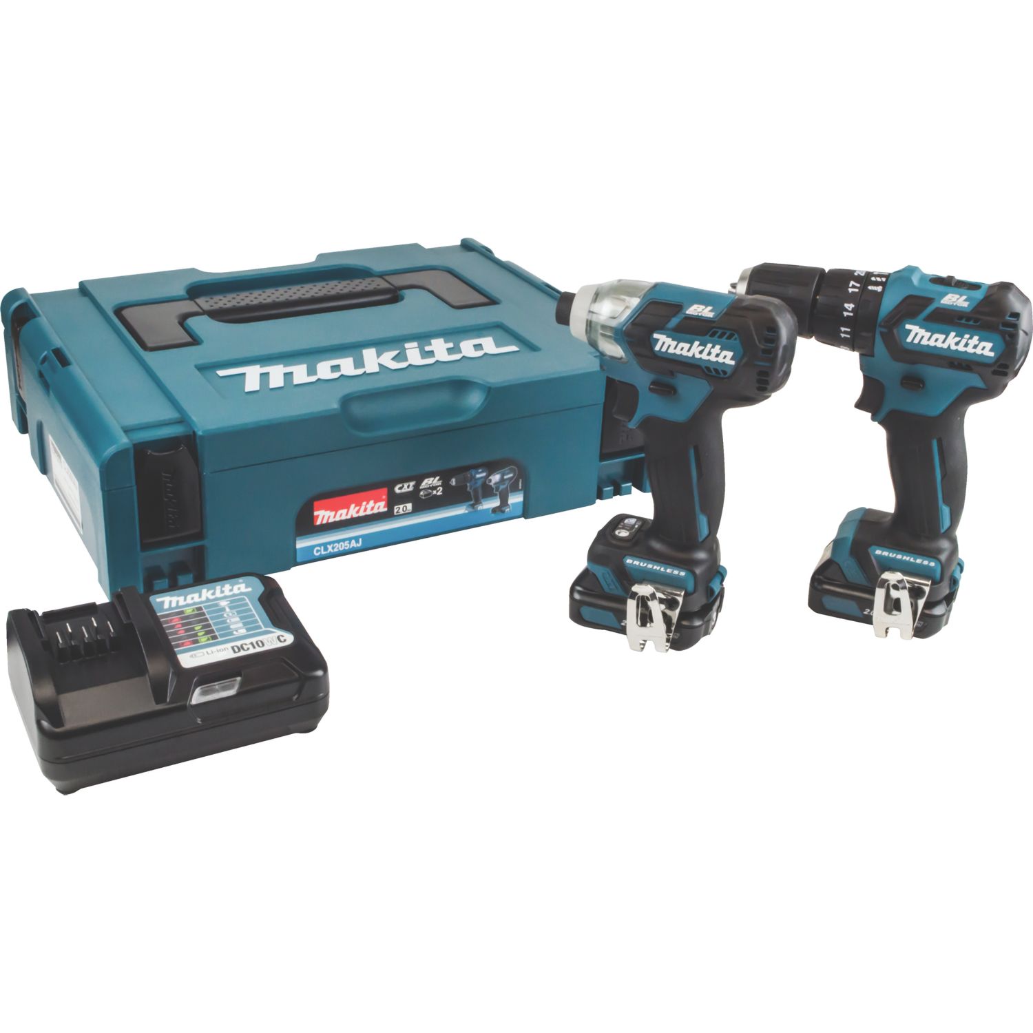Makita CLX205AJ 12V 2 x 2.0Ah Li-Ion CXT Brushless Cordless Combi Drill & Impact Driver Twin Kit (959FG)