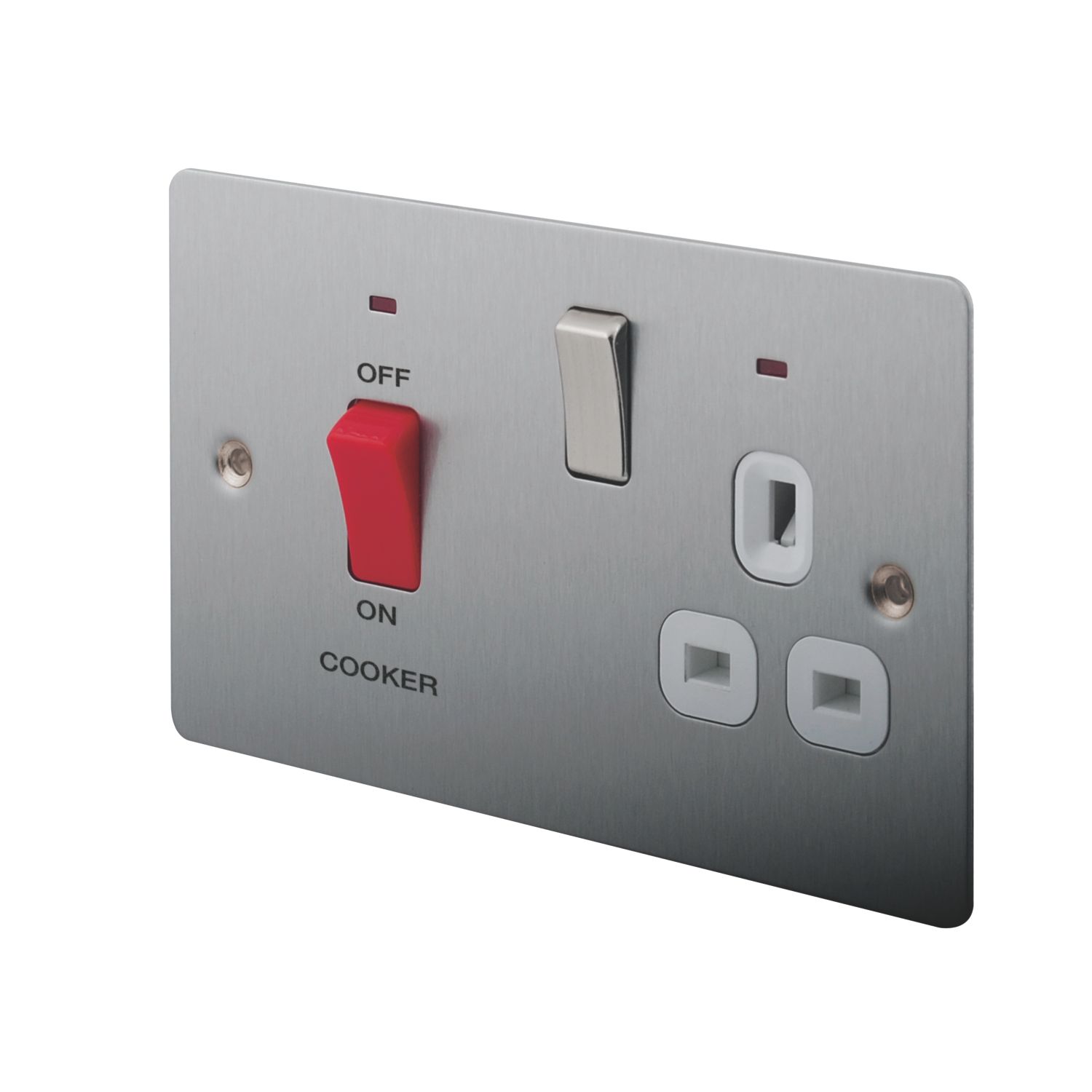 LAP 45A 2-Gang DP Cooker Switch & 13A DP Switched Socket Brushed Stainless Steel with LED with White Inserts (96324)