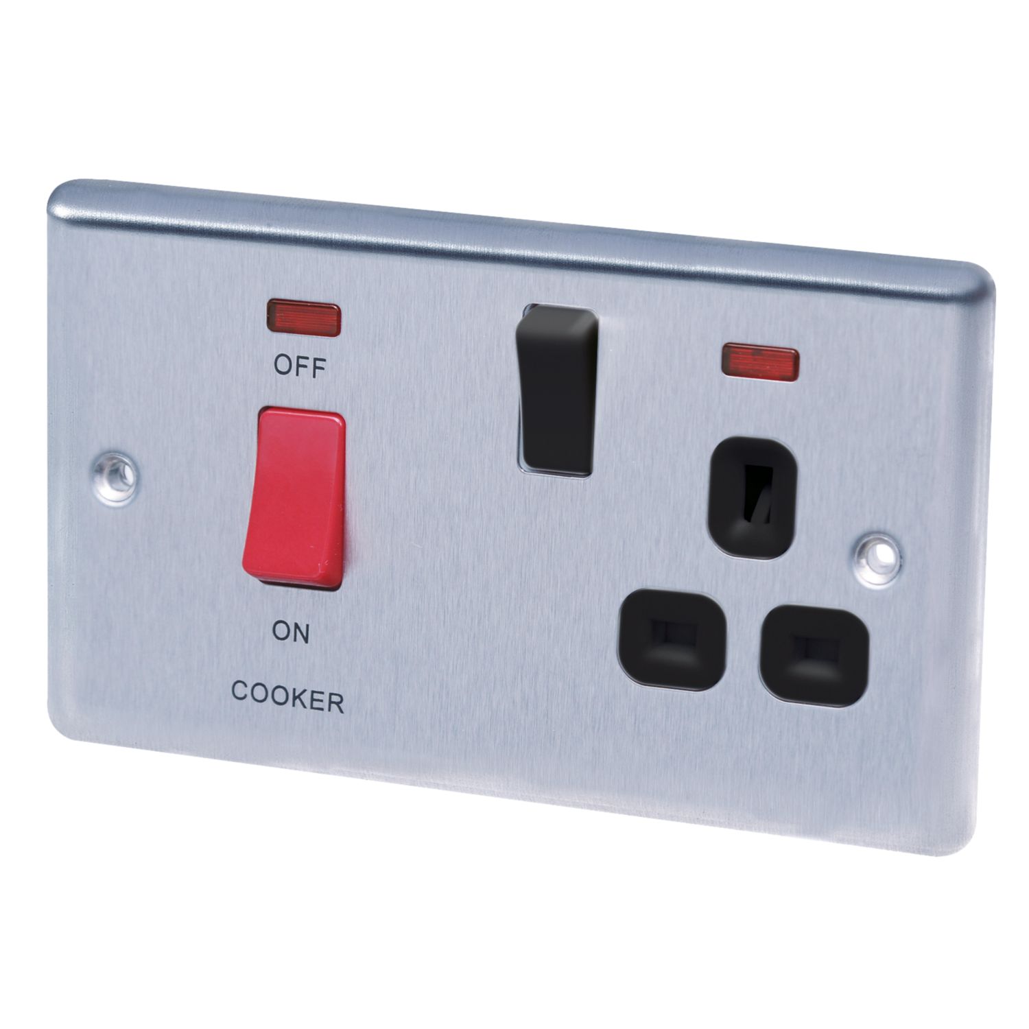 LAP 45A 2-Gang DP Cooker Switch & 13A DP Switched Socket Brushed Stainless Steel with Neon with Black Inserts (96499)