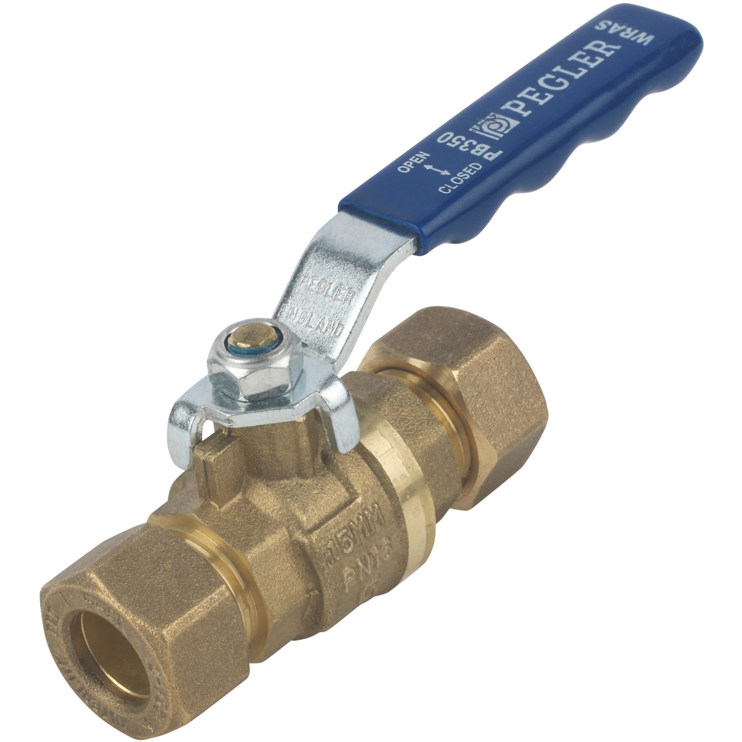 Pegler PB350 Compression Full Bore 15mm Lever Ball Valve with Blue Handle (9675V)