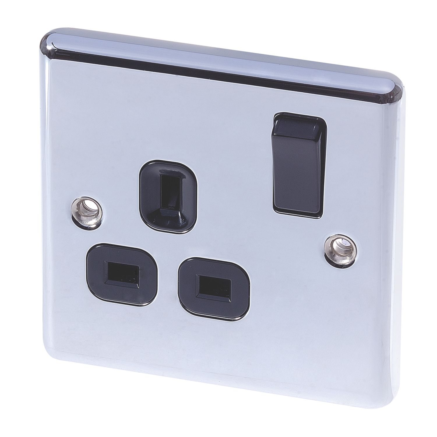 LAP 13A 1-Gang SP Switched Plug Socket Polished Chrome with Black Inserts (9694C)