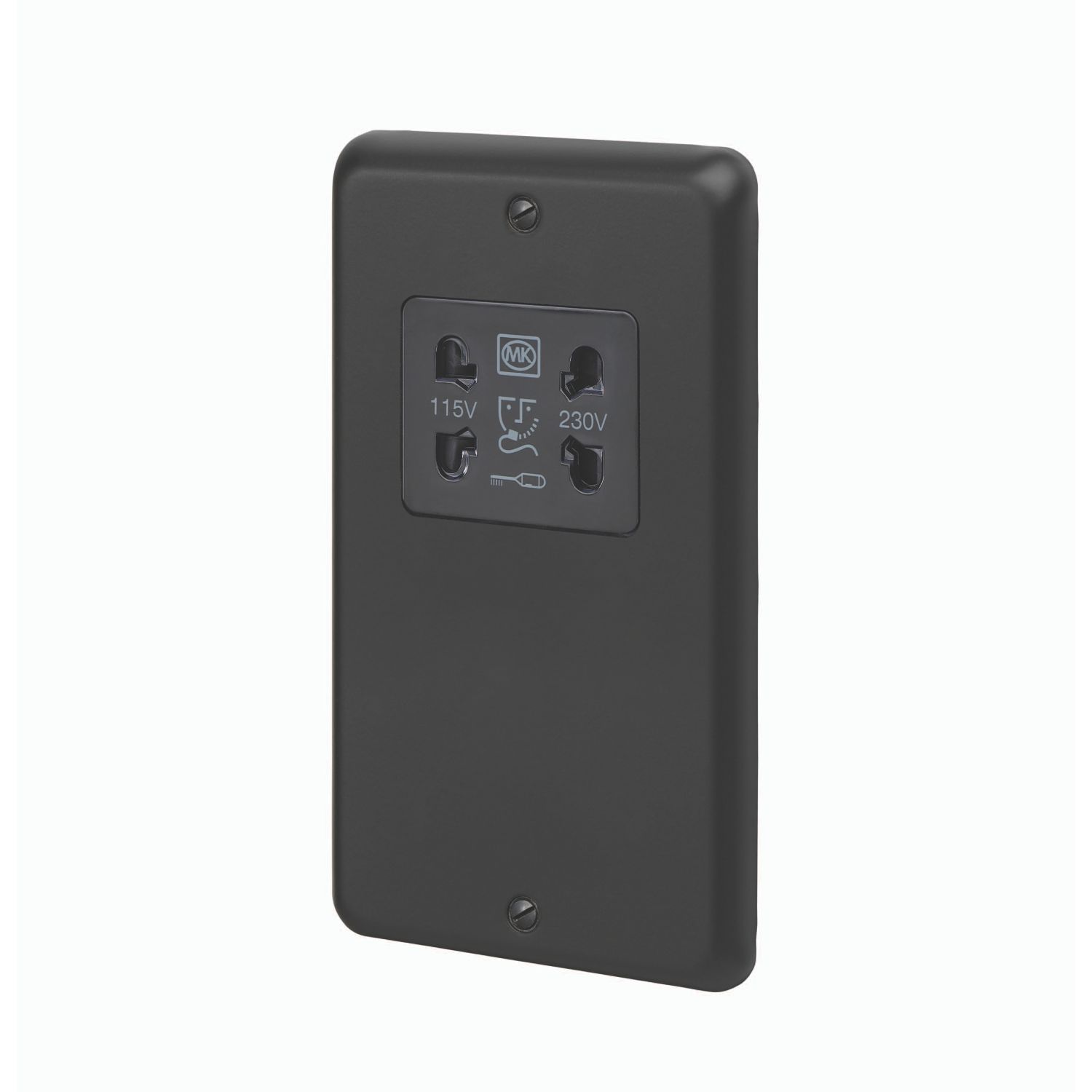 MK Contoura 2-Gang Dual Voltage Shaver Socket 115/230V Black with Colour-Matched Inserts (971RG)