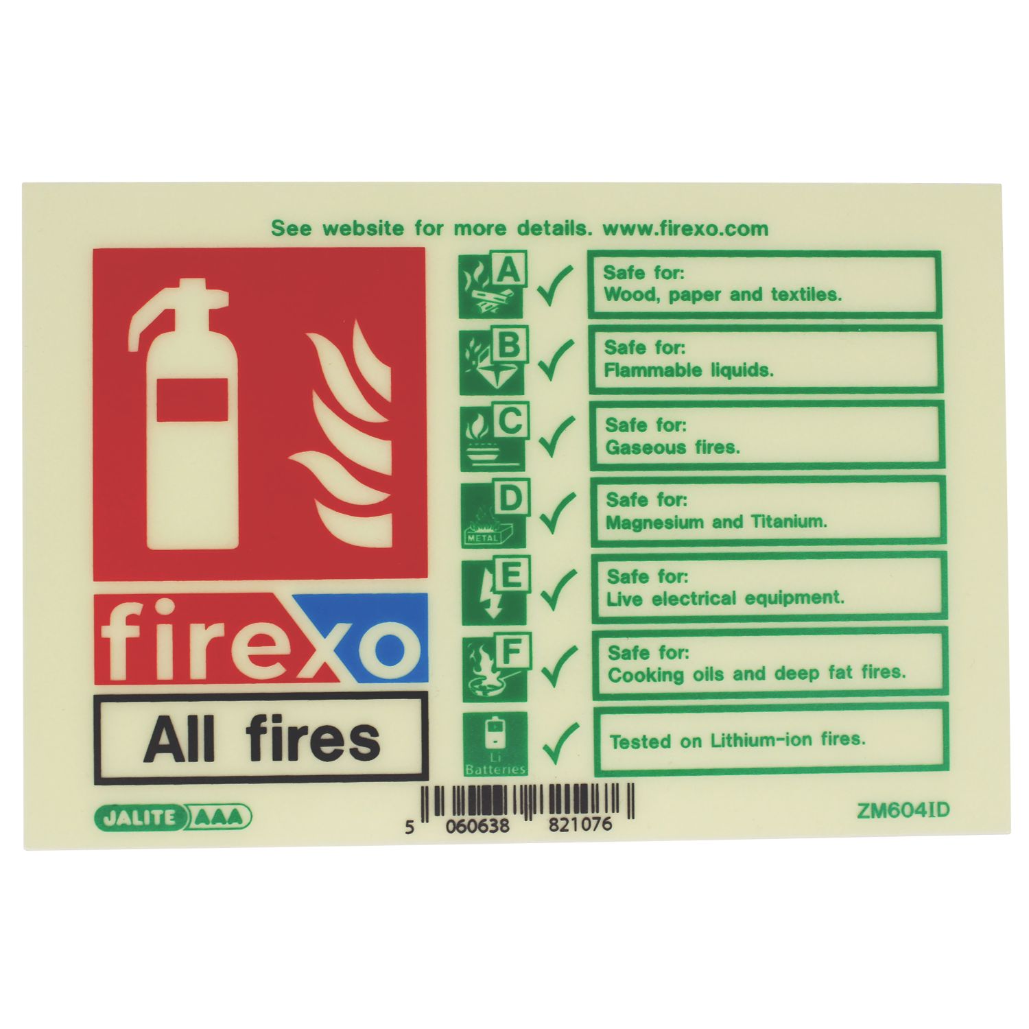 Firexo Photoluminescent Luminescent All Fires Extinguisher Sign 100mm x 150mm (976PP)