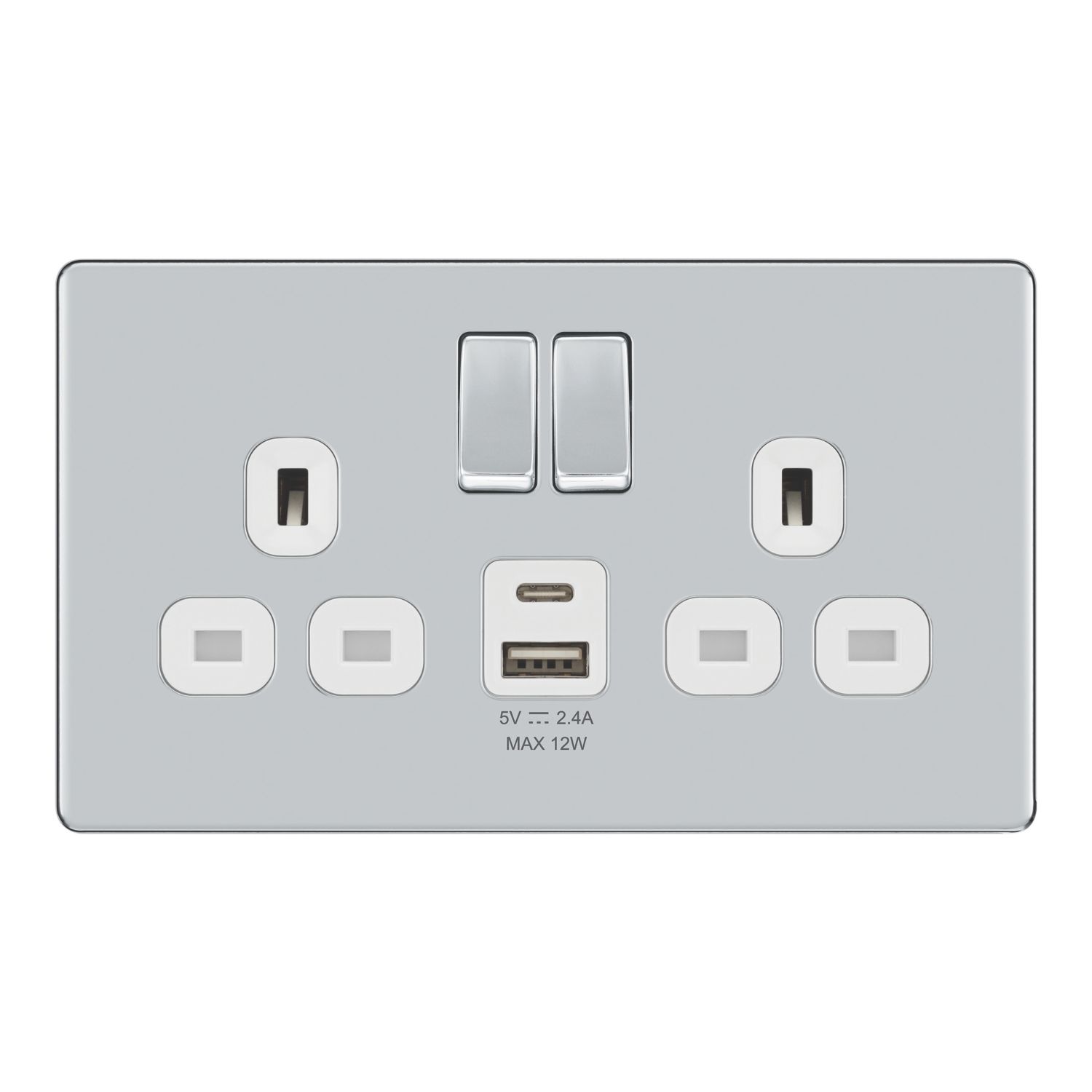 LAP 13A 2-Gang SP Switched Socket + 2.4A 12W 2-Outlet Type A & C USB Charger Polished Chrome with White Inserts (979PN)