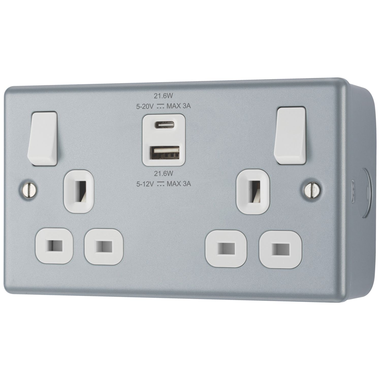 British General Metal Clad 13A 2-Gang SP Switched Metal Clad Socket + 3A 22W 2-Outlet Type A & C USB Charger with White Inserts (988CH)